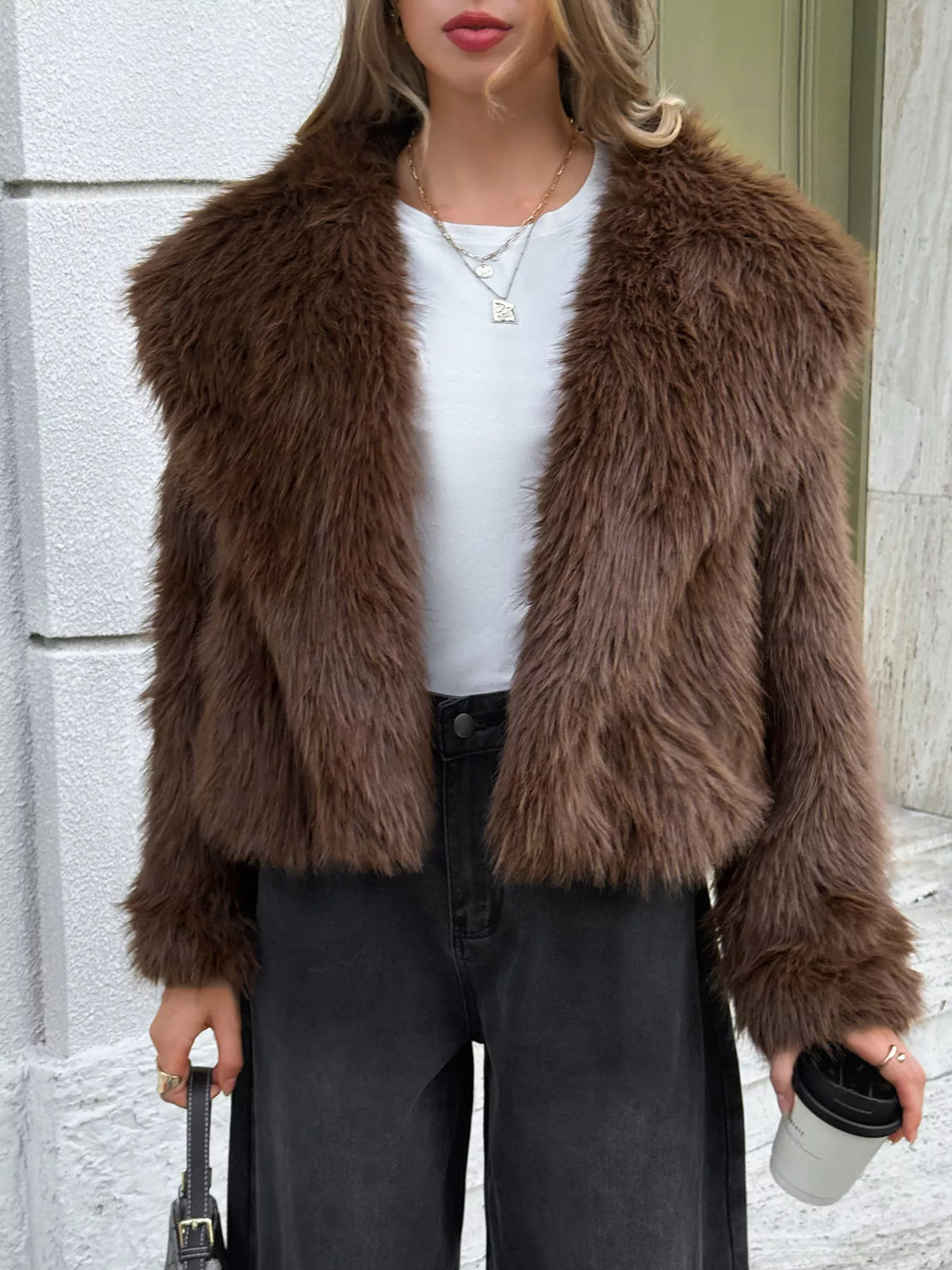 Open Front Faux Fur Cropped Jacket in Brown, view 2