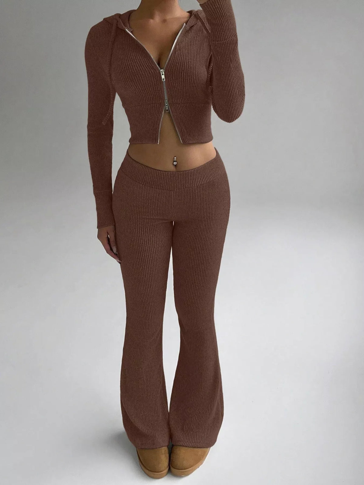 Ribbed Knit Zip-Up Hooded Top and Flared Pants Set