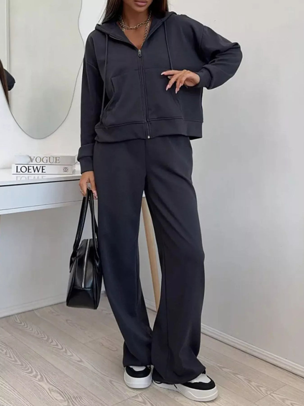 Zip-Up Hoodie and Wide-Leg Pants Set - Lilixa.store