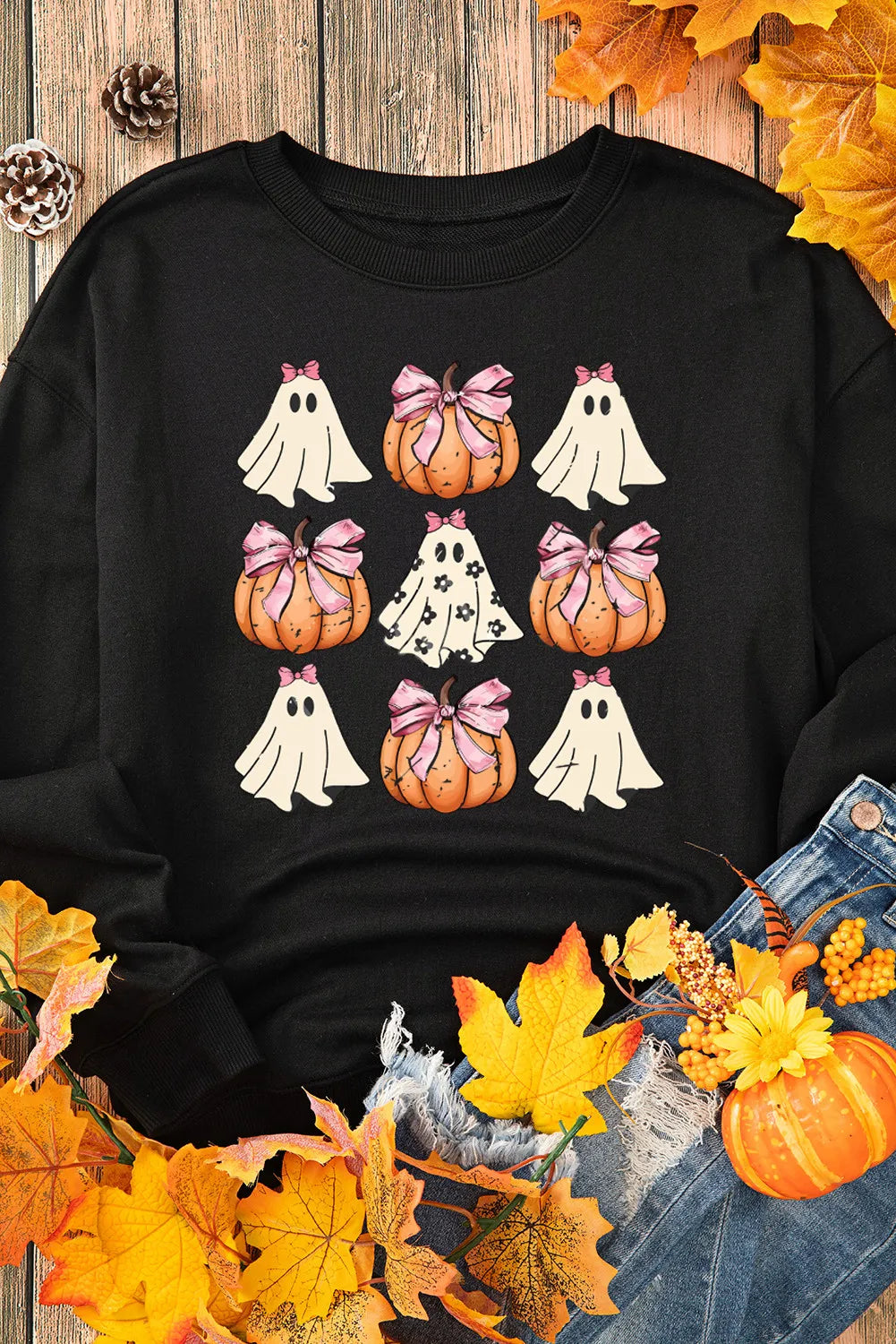 Pumpkin & Ghost Round Neck Long Sleeve Sweatshirt - Lilixa.store