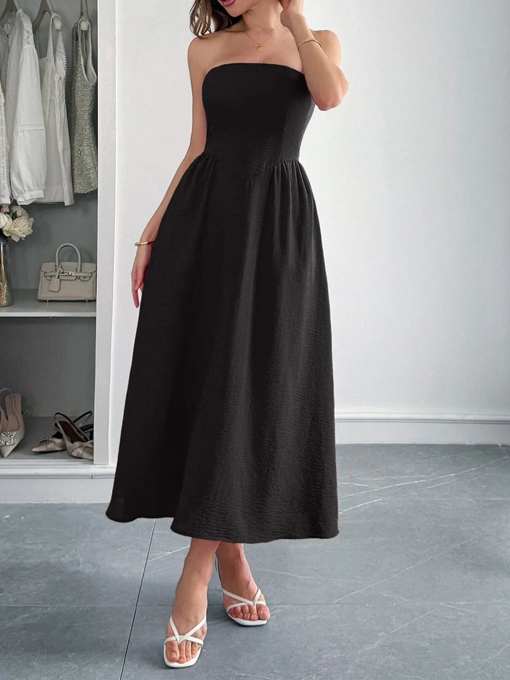 Strapless A-Line Midi Dress with Pockets - Lilixa.store