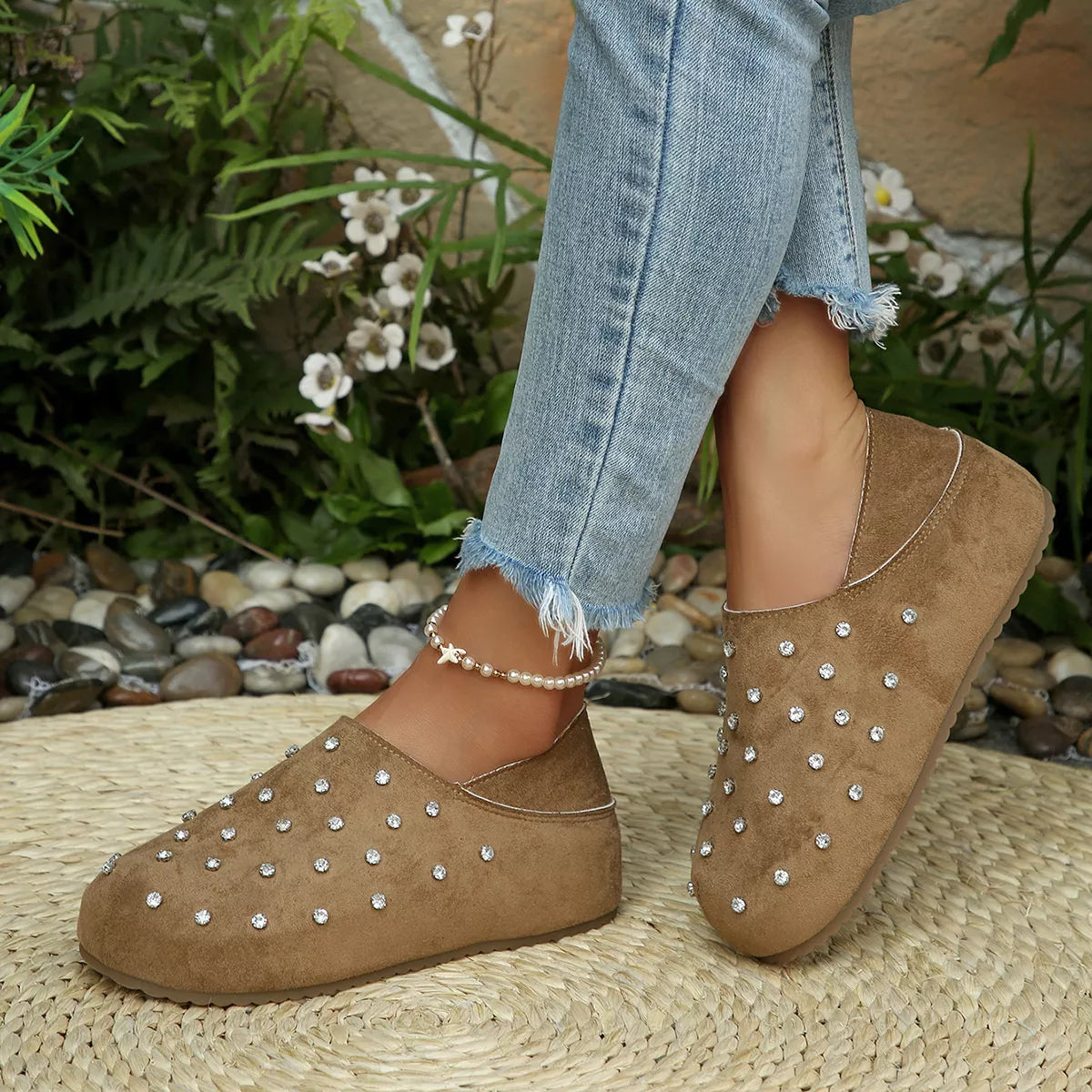 Rhinestone Round Toe Slip-Ons - Lilixa.store