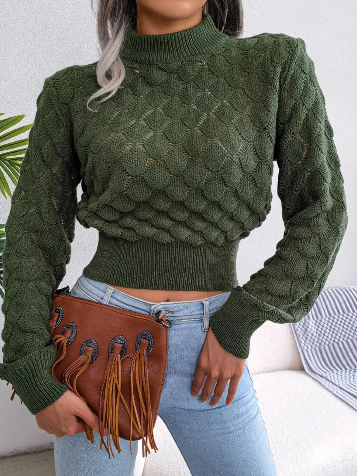 Mock Neck Textured Cropped Sweater
