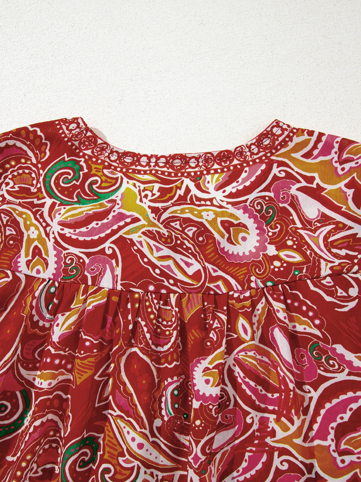 Multicolour Ethnic Paisley Print Tassel Tie Puff Sleeve Boho Blouse in Floral, view 9