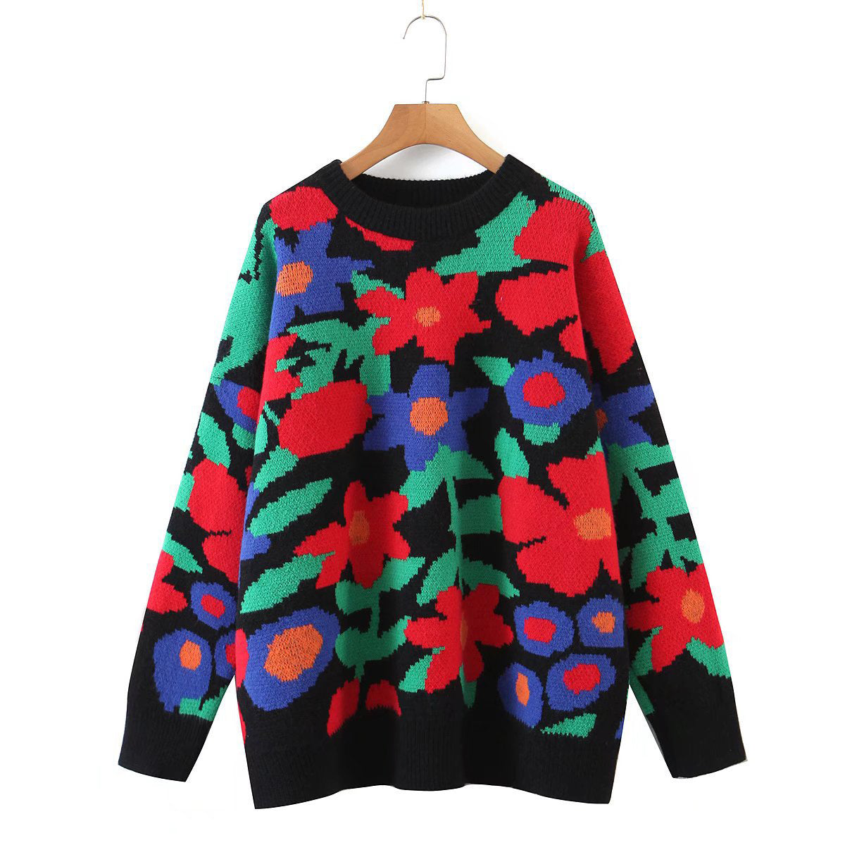 Floral Round Neck Drop Shoulder Sweater in Black