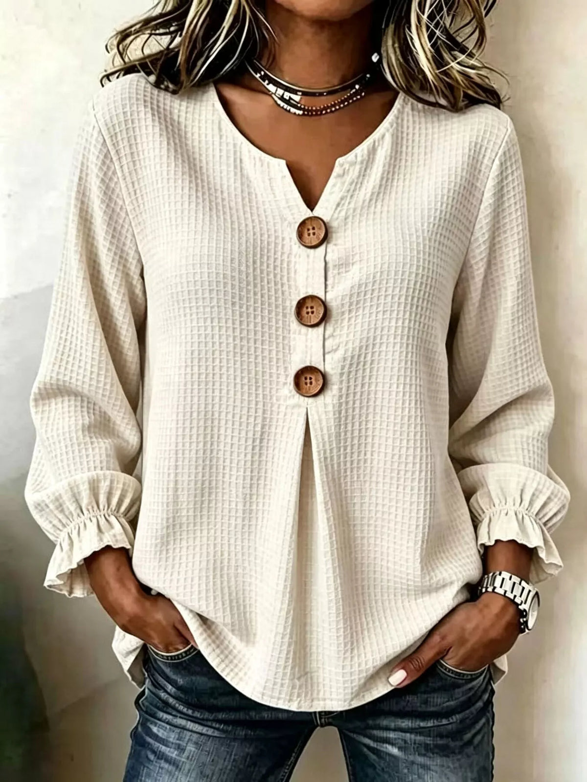 Waffle Knit Long Sleeve Top - Lilixa.store