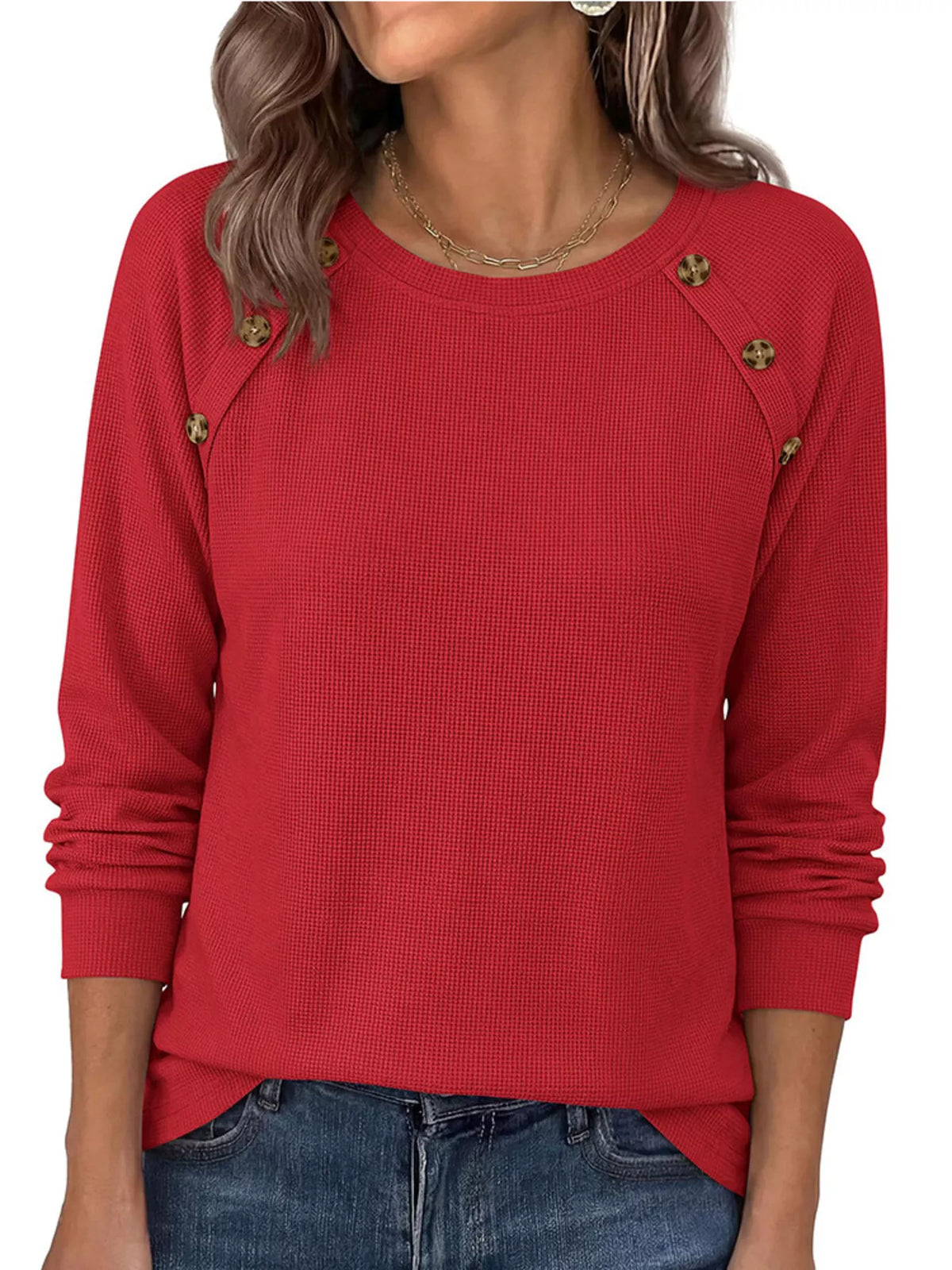 Decorative Button Waffle Knit Long Sleeve T-Shirt