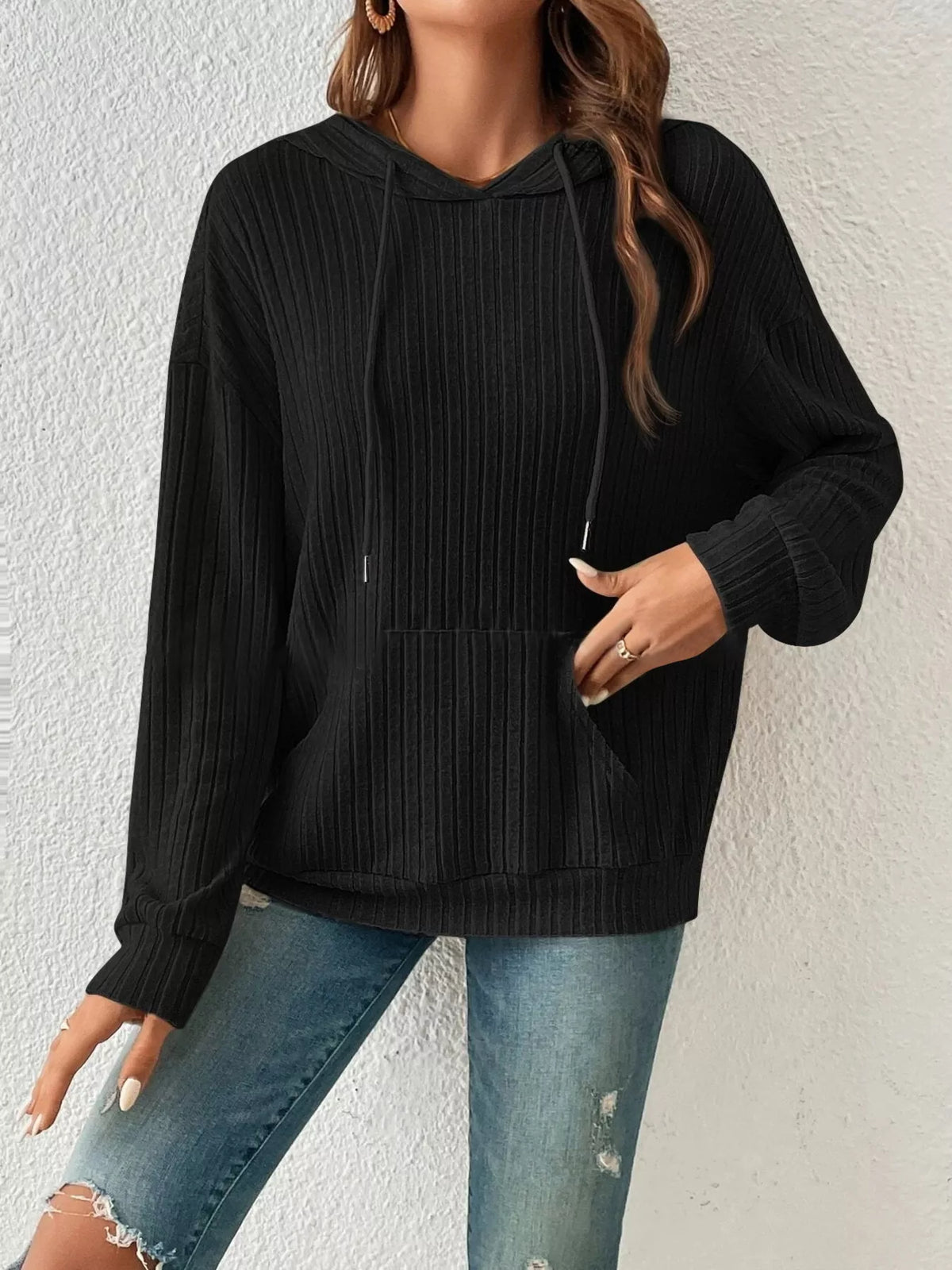 Casual Ribbed Knit Drawstring Hoodie - Lilixa.store