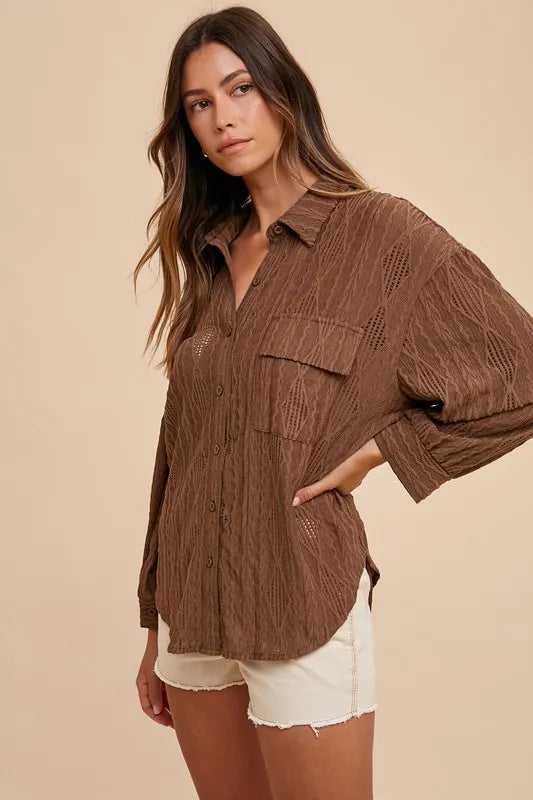 Annie Wear Openwork Button Down Drop Shoulder Shirt - Lilixa.store