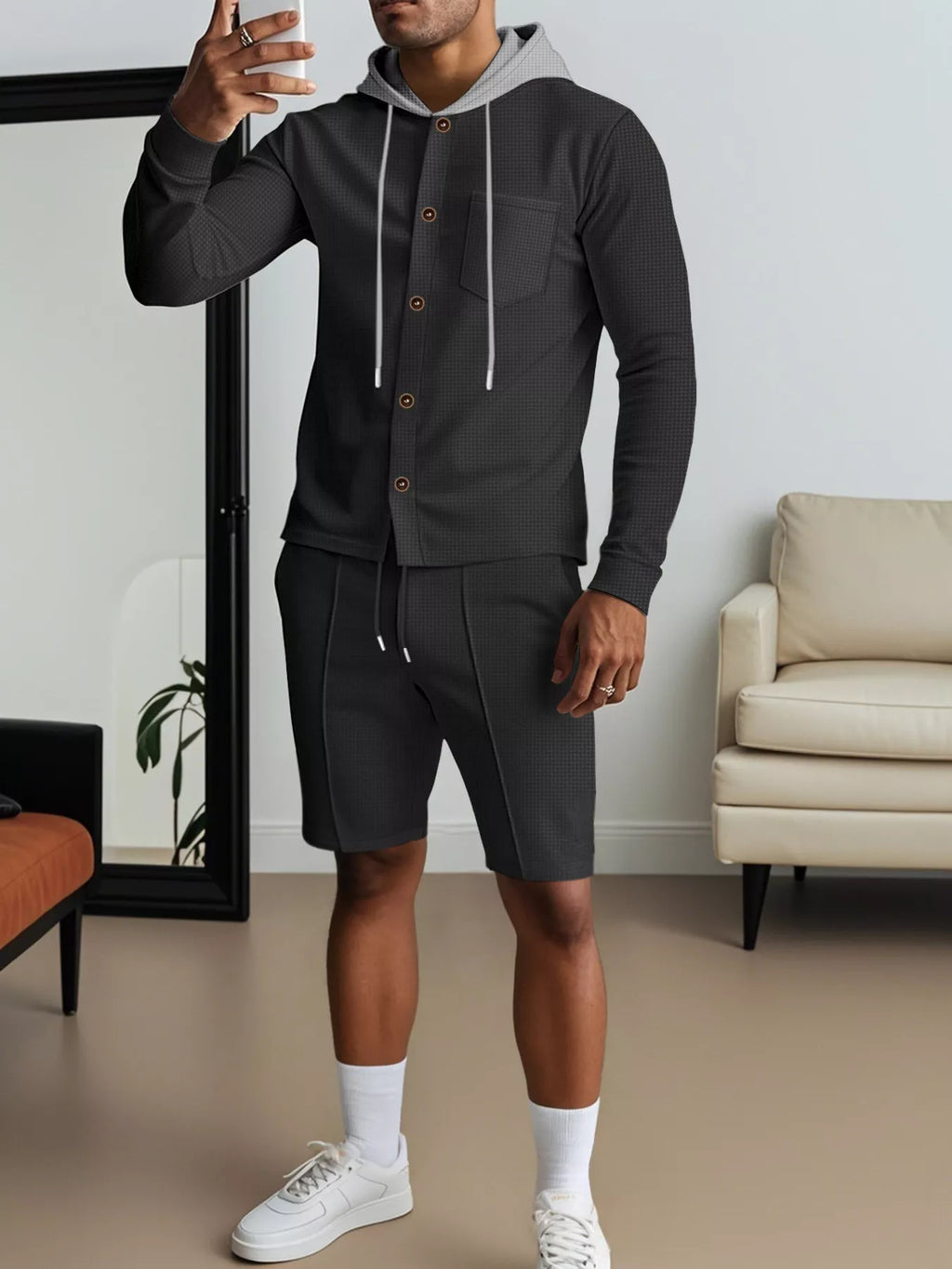 Men's Full Size Casual Hooded Button-Up Top and Shorts Set Plus Size - Lilixa.store
