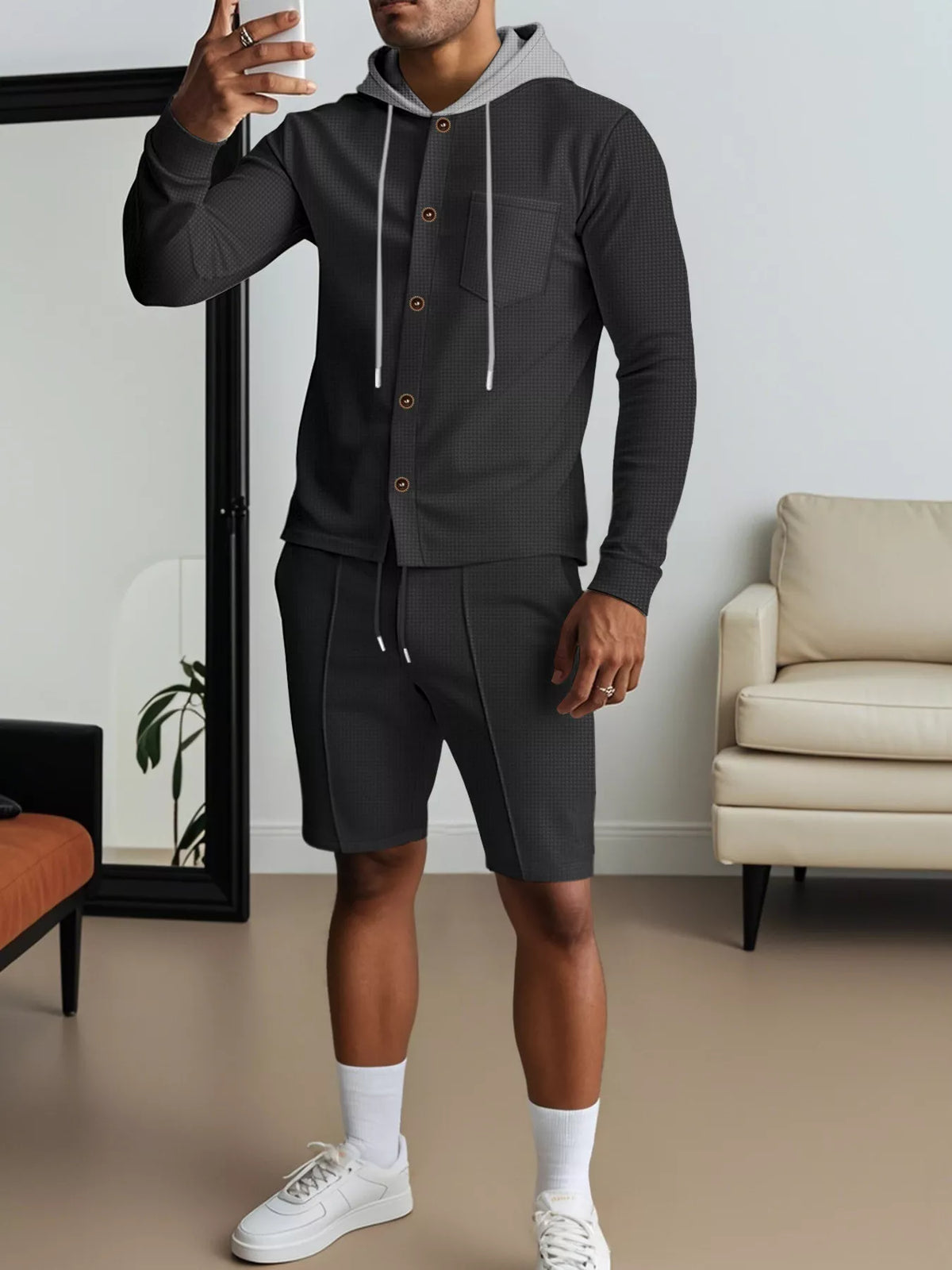 Men's Full Size Casual Hooded Button-Up Top and Shorts Set Plus Size - Lilixa.store