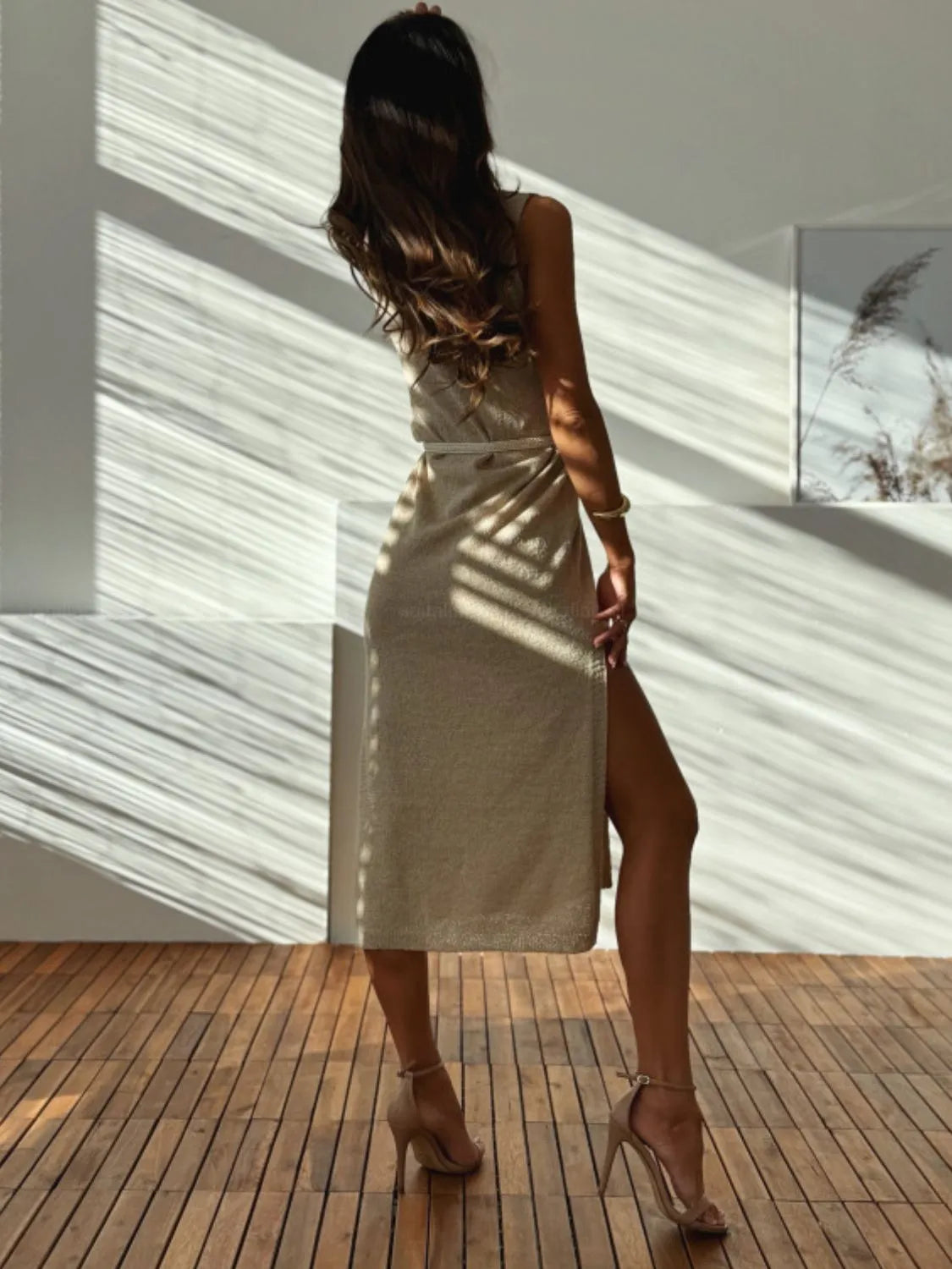 Slit V-Neck Sleeveless Sweater Dress in Khaki, view 6