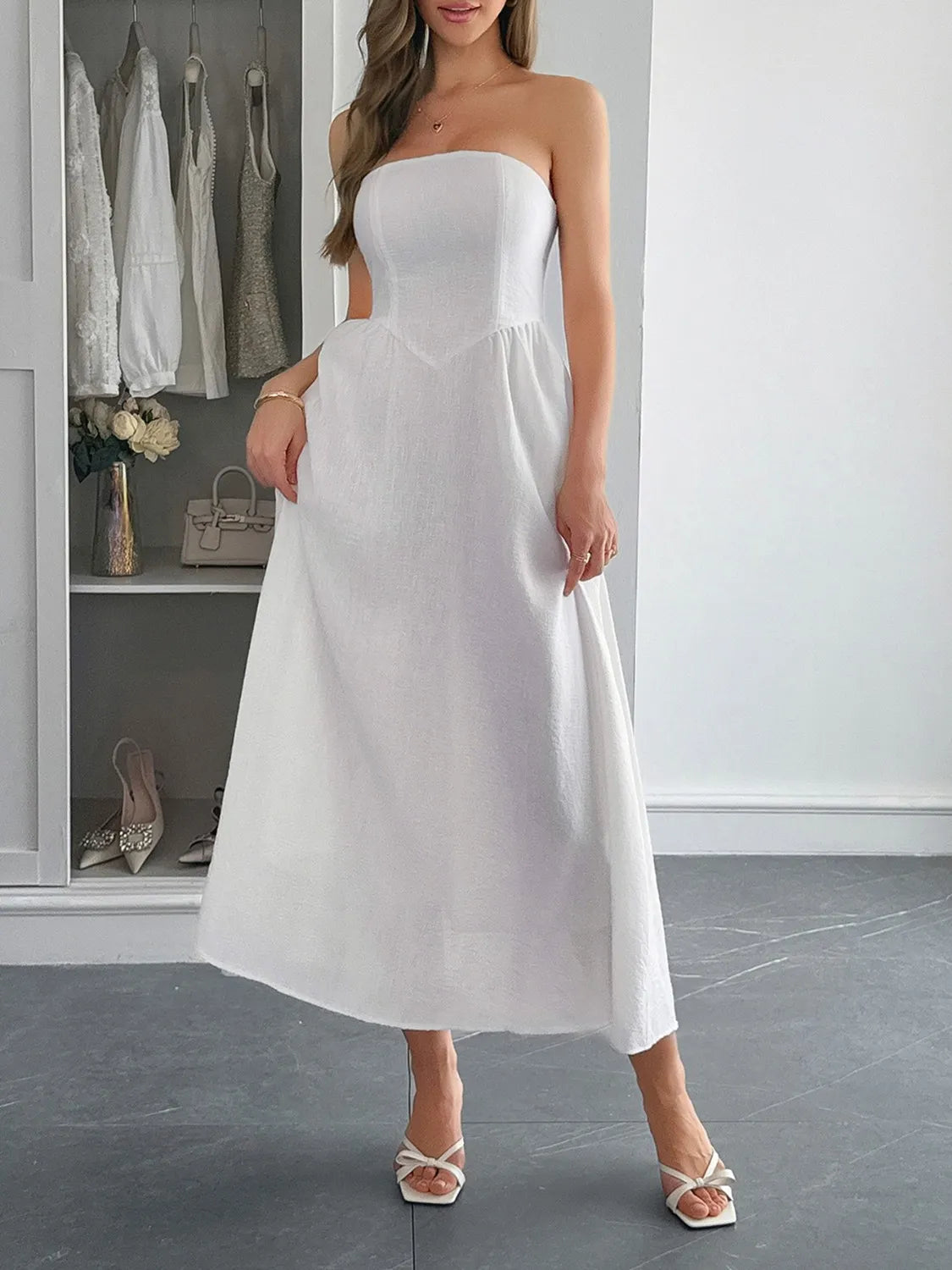 Strapless A-Line Midi Dress with Pockets - Lilixa.store