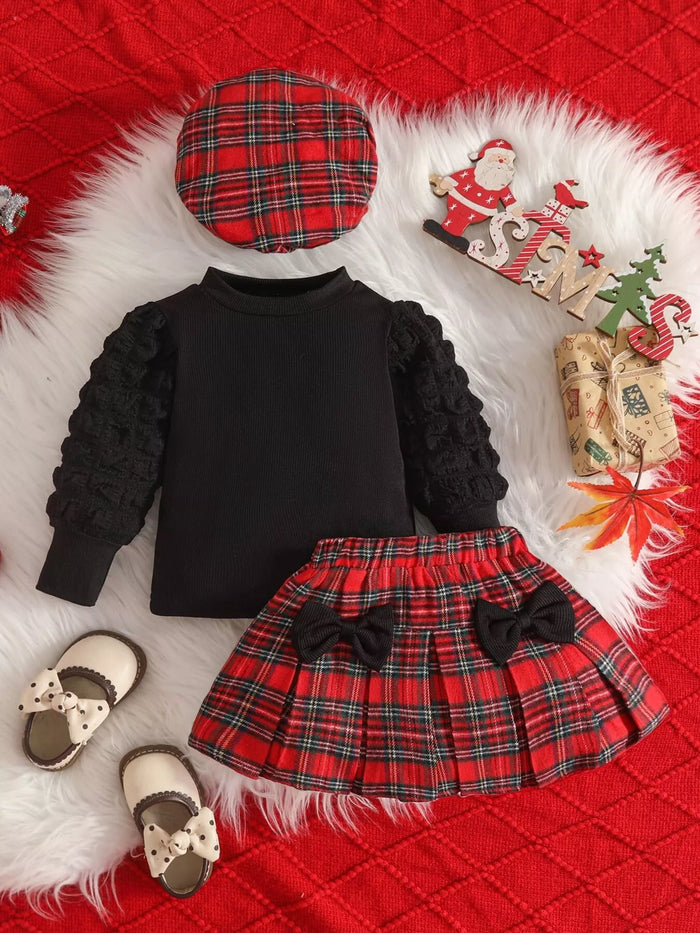 Children's Puff Sleeve Top and Plaid Skirt Set with Hat - Lilixa.store