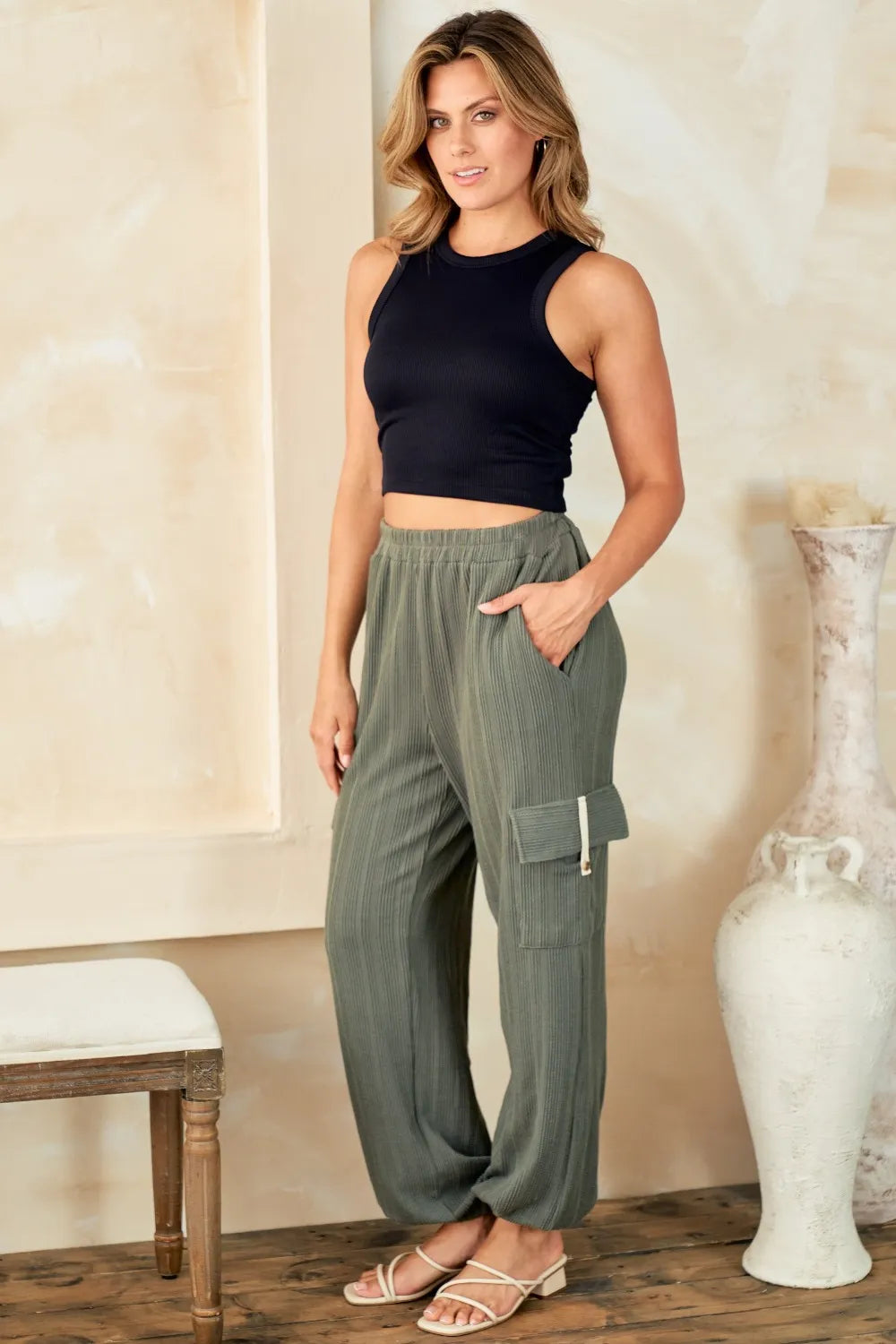 Hailey & Co Textured Rib Cargo Pants - Lilixa.store