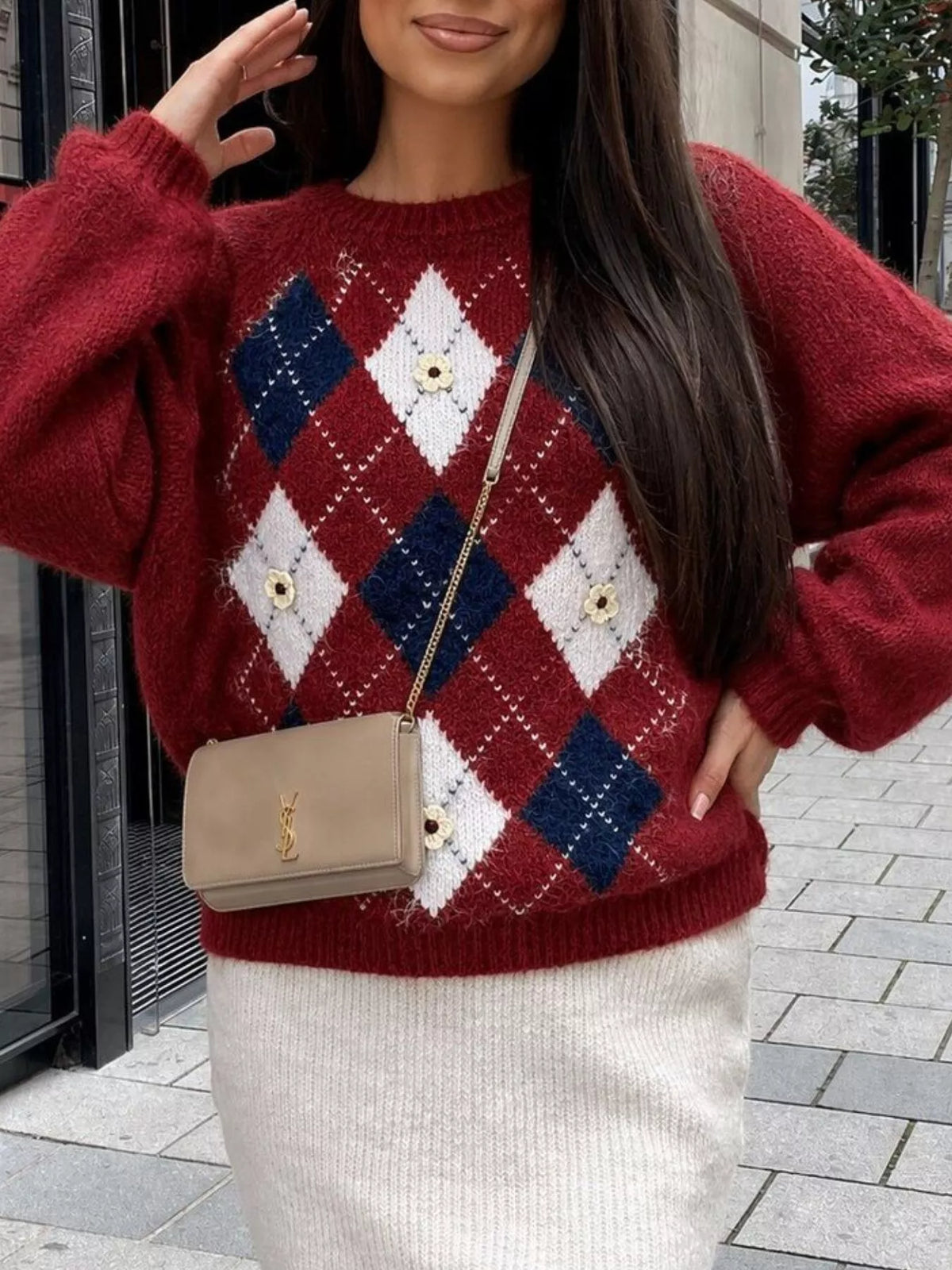 Argyle Pattern Raglan Sleeve Sweater, view 19