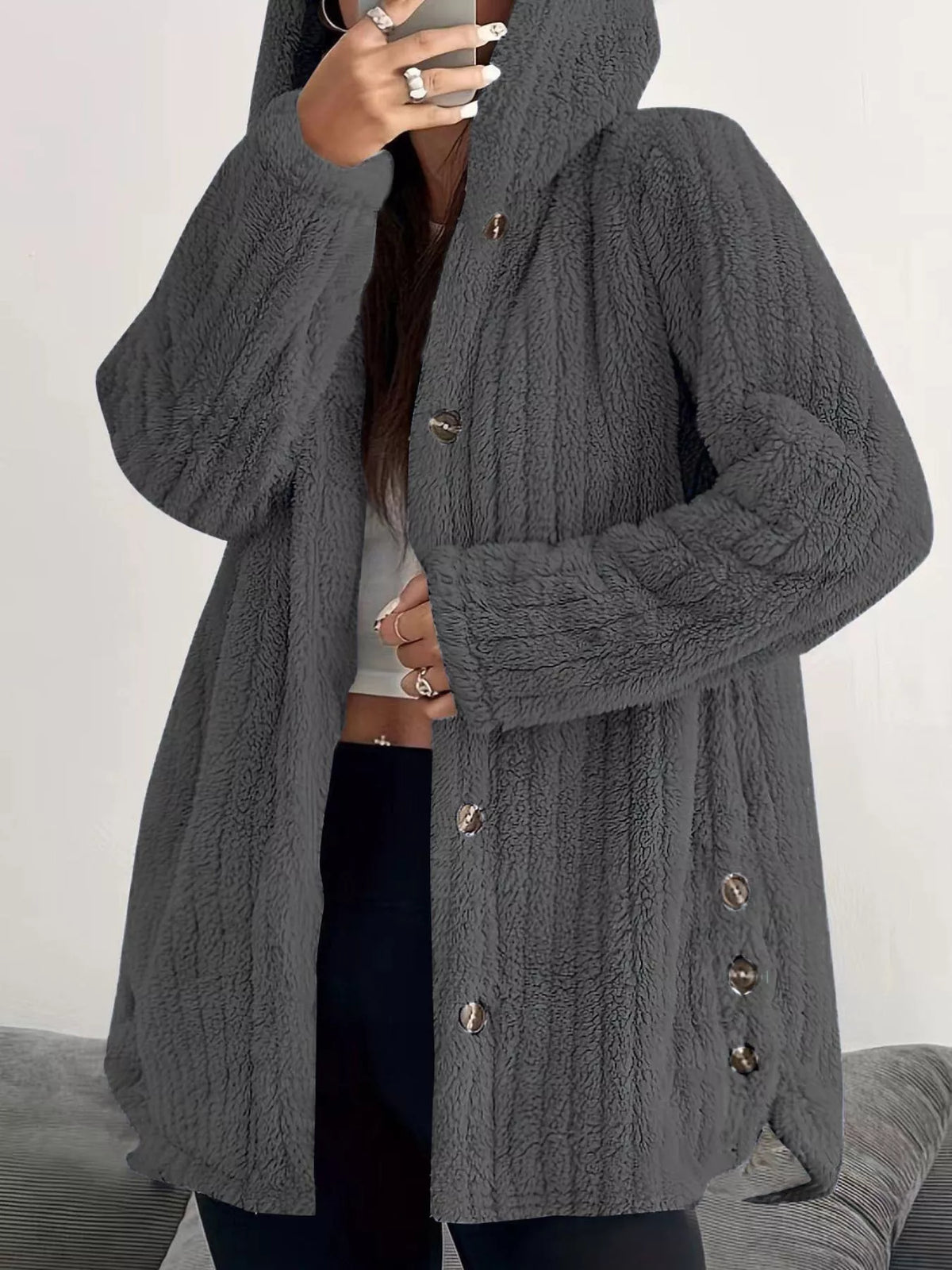 Full Size Fleece Button Up Hooded Outerwear Plus Size in Dark Grey