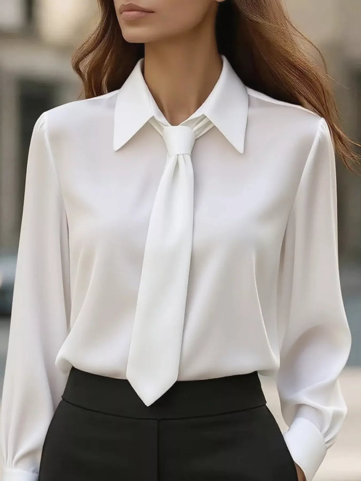Tie-Neck Long Sleeve Blouse in White