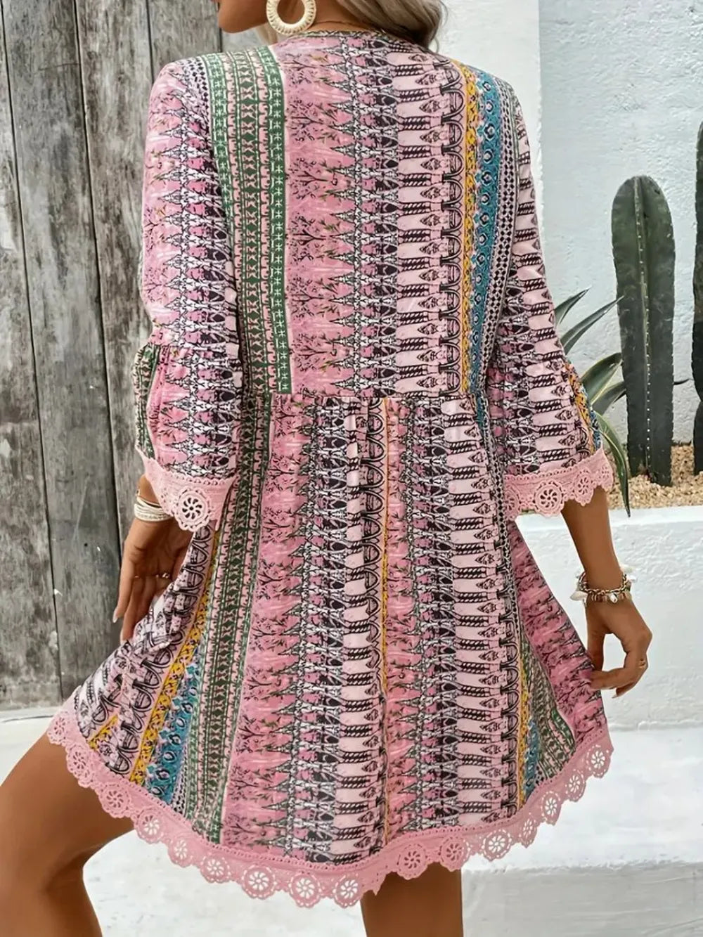Lace Trim Printed V-Neck 3/4 Sleeve Dress - Lilixa.store