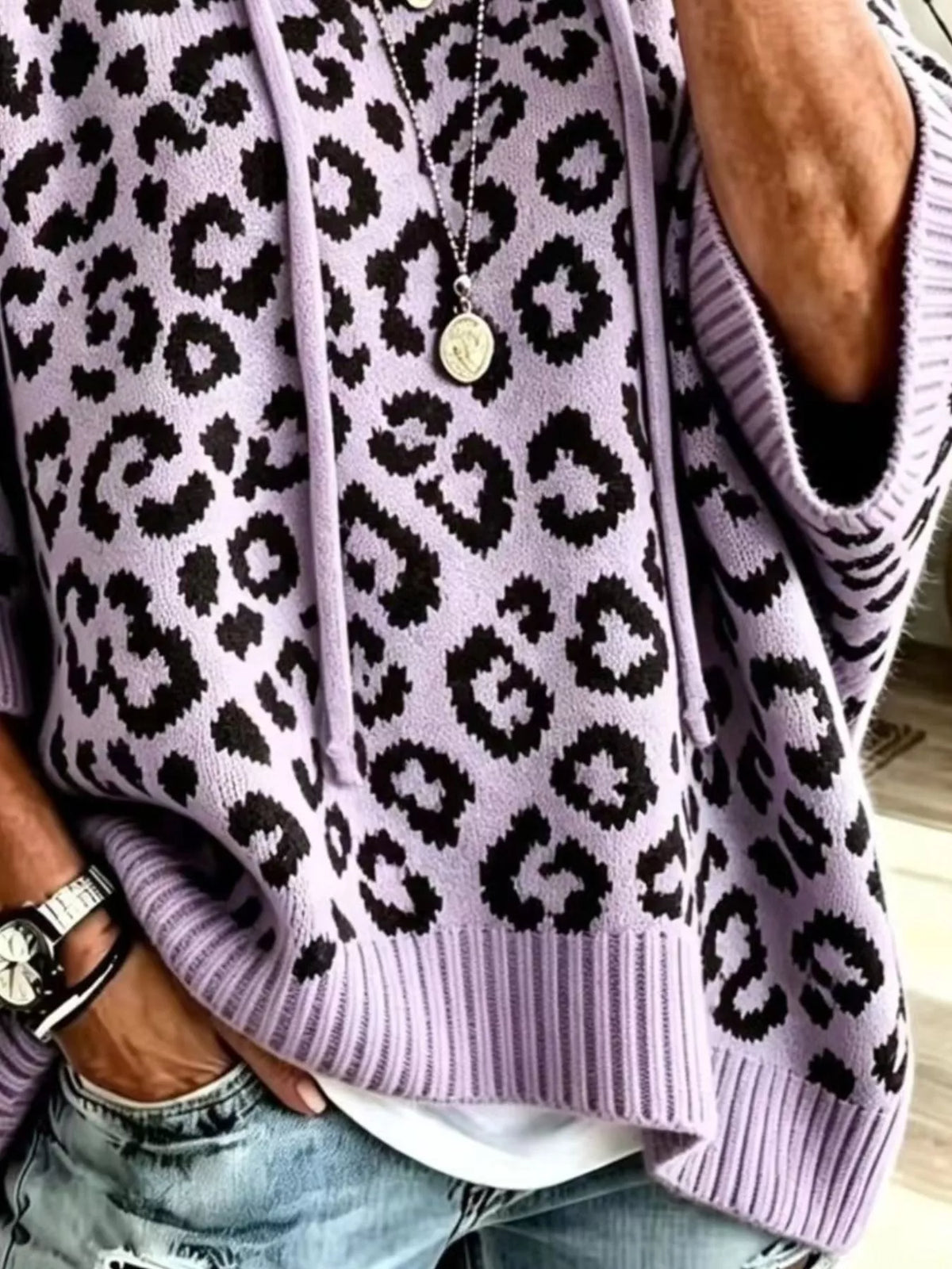 Leopard Print Hooded Knit Sweater, view 6