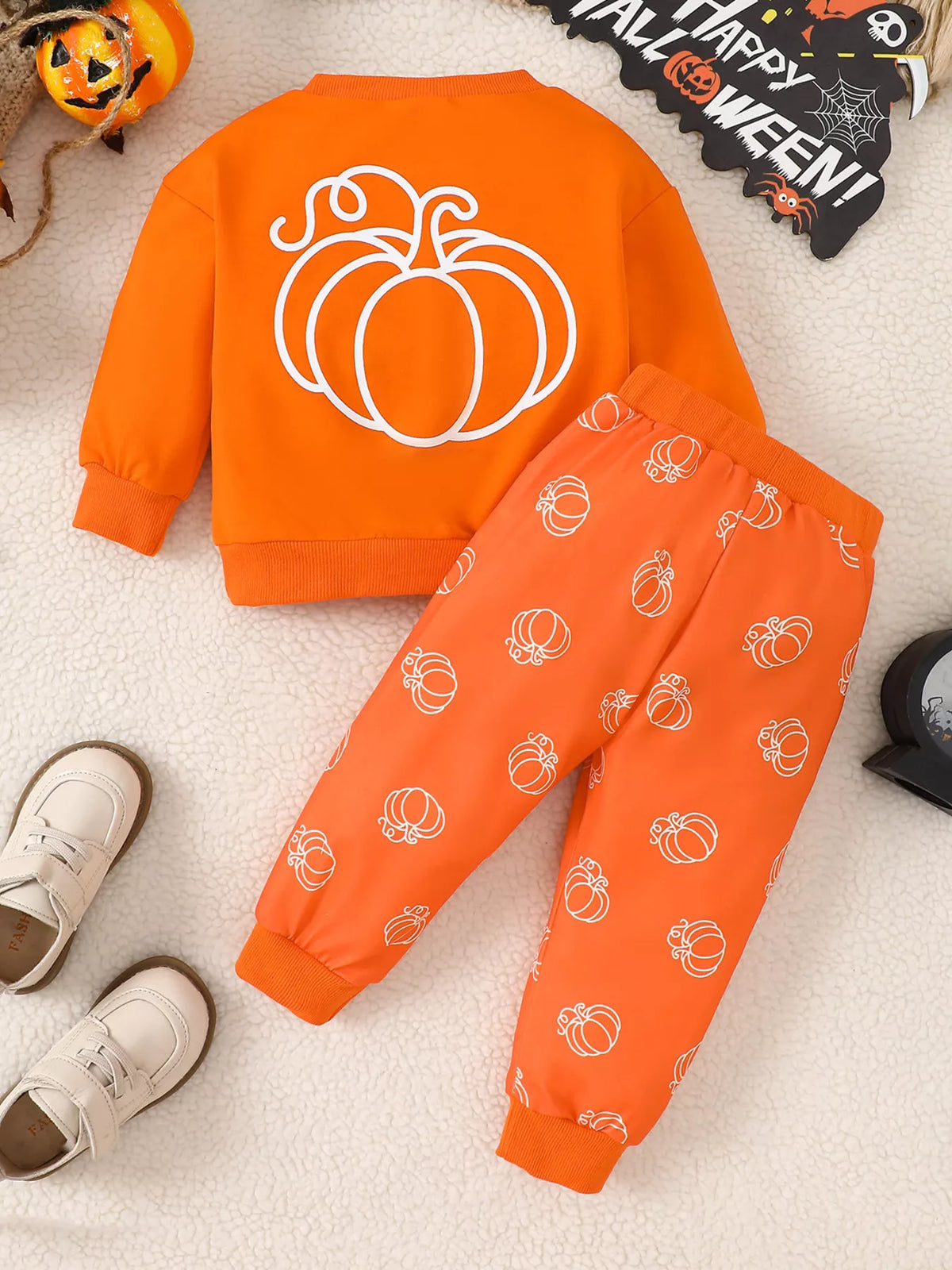 Children's Halloween Pumpkin Print Long Sleeve Sweatshirt and Pants Set - Lilixa.store