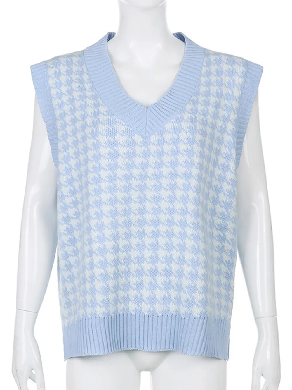Houndstooth V-Neck Sweater Vest in Light Blue
