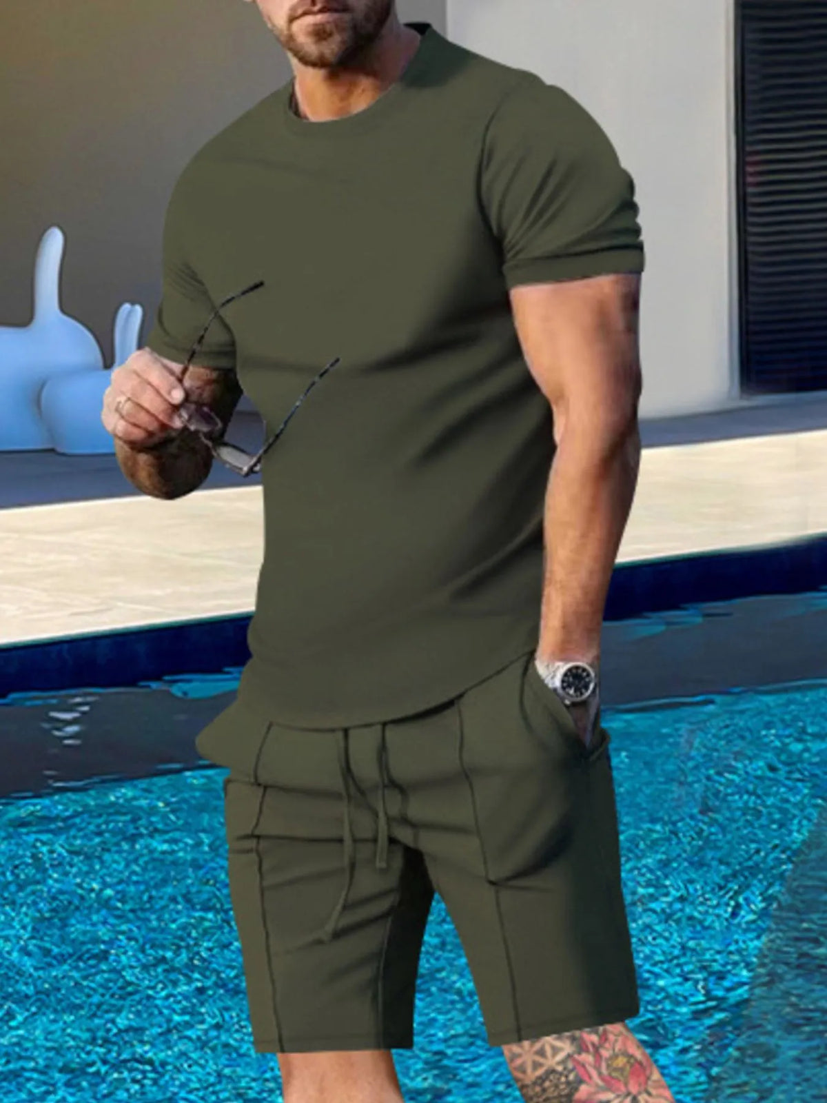 Men's Plus Size Round Neck Short Sleeve Top and Shorts Set in Army Green