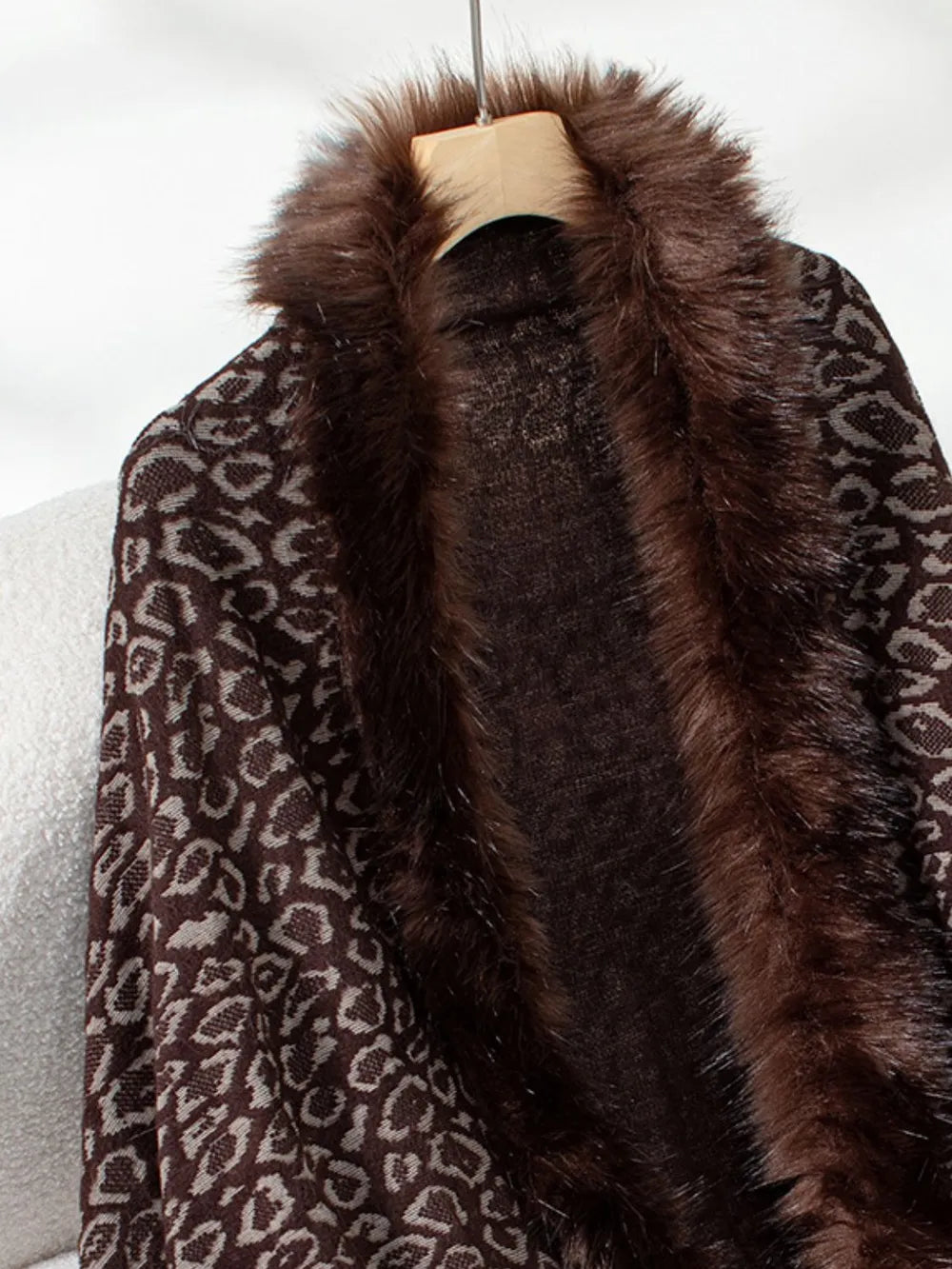 Fringe Leopard Open Front Long Sleeve Poncho, view 5
