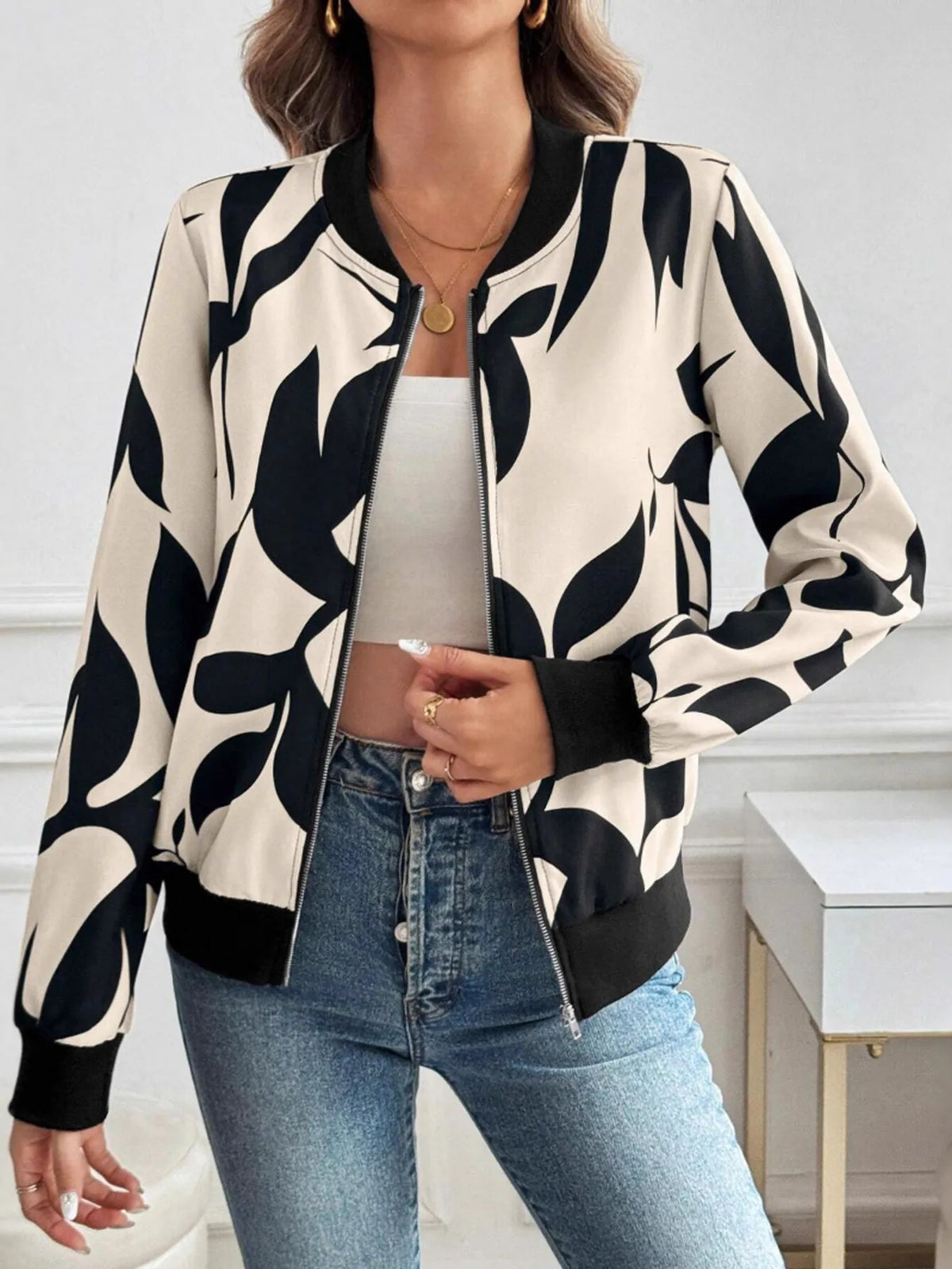 Printed Zip Up Long Sleeve Jacket in Apricot, view 3