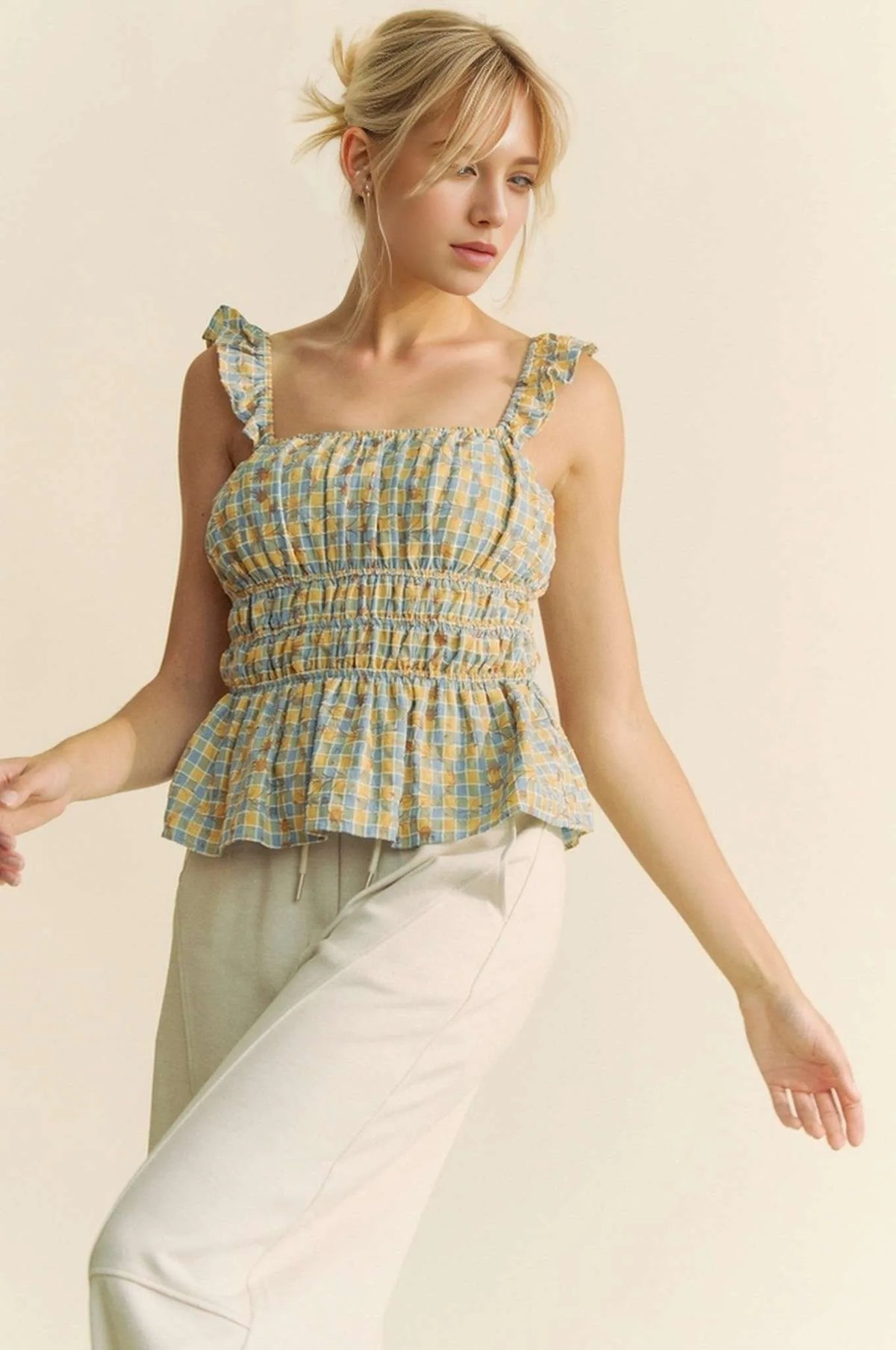 Davi & Dani Plaid Ruffled Strap Smocked Sleeveless Top - Lilixa.store