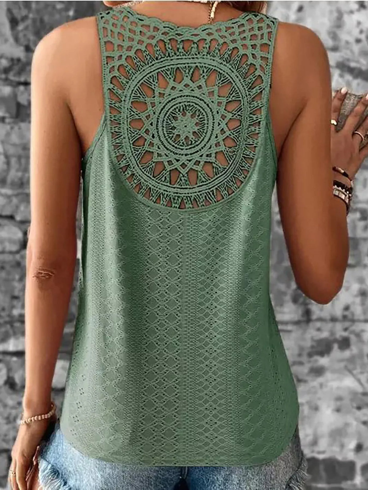Eyelet Lace Trim V-Neck Tank Top - Lilixa.store