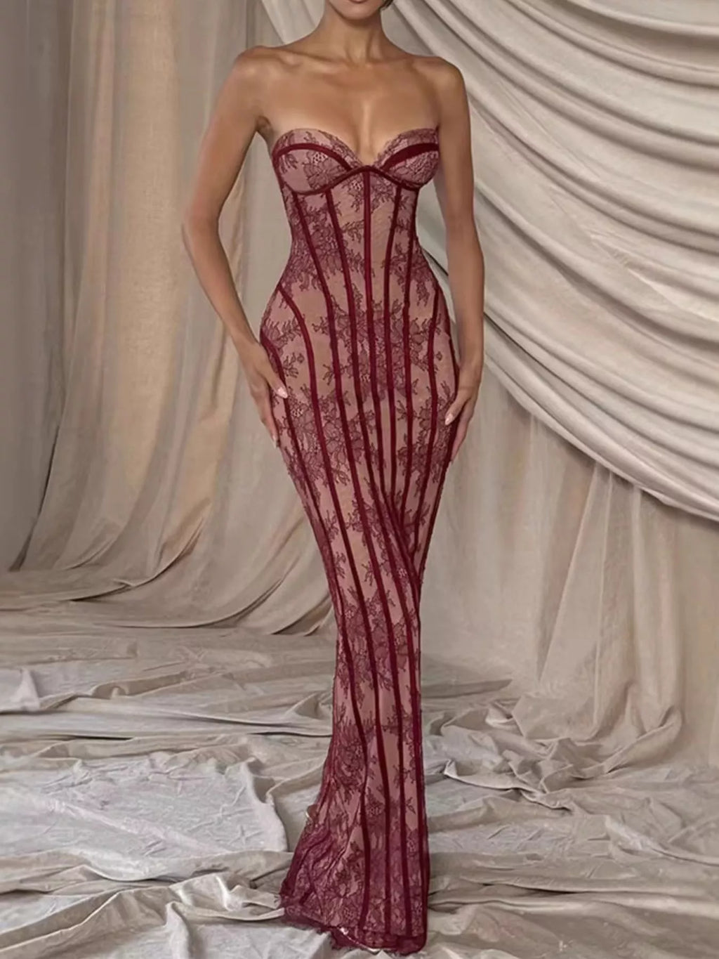 Lace Up Back Strapless Maxi Dress - Lilixa.store