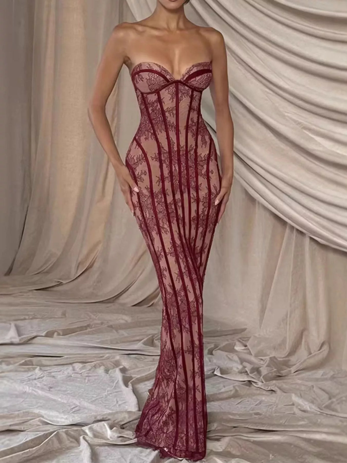 Lace Up Back Strapless Maxi Dress - Lilixa.store