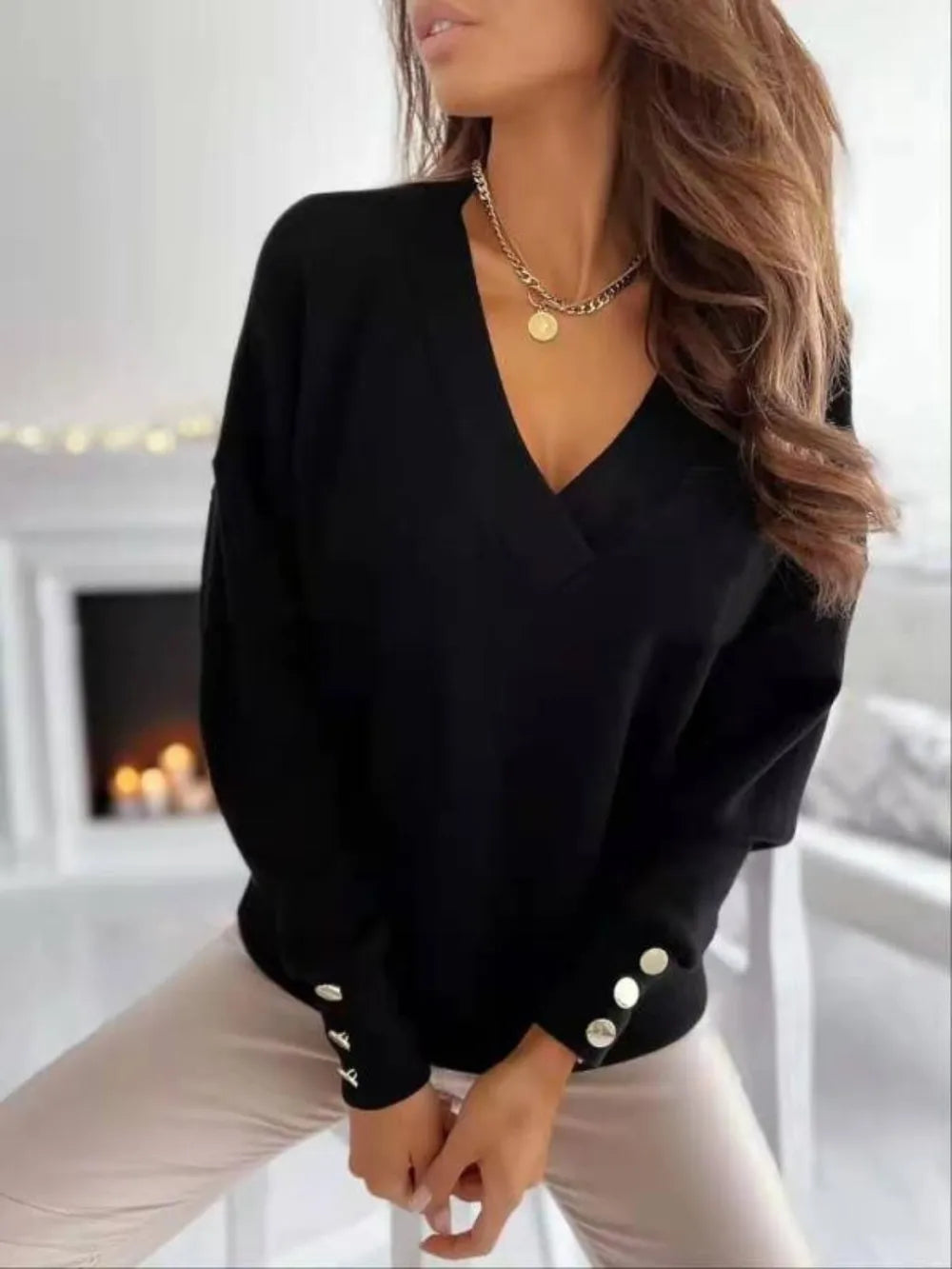 V-Neck Long Sleeve Sweatshirt - Lilixa.store