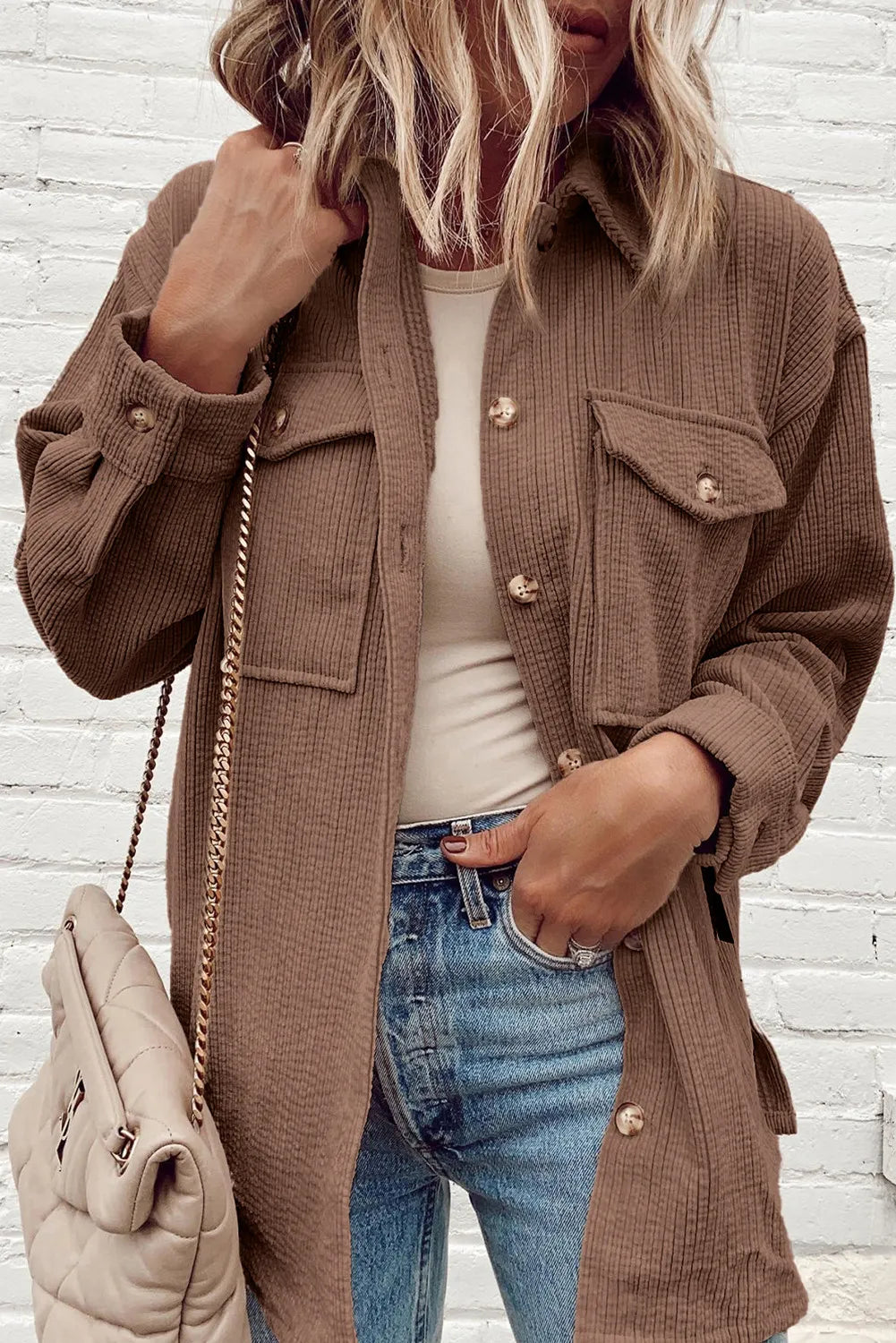 Pocketed Button Up Dropped Shoulder Shacket in Brown
