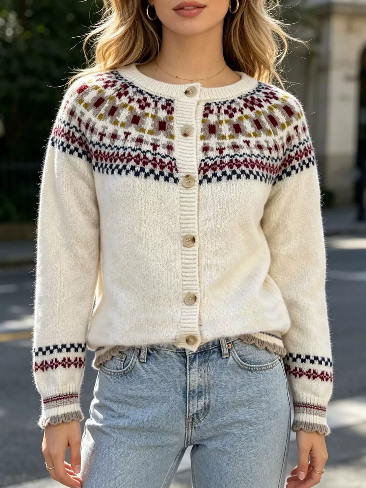 Fair Isle Patterned Button-Down Knit Cardigan in Off-white, view 2