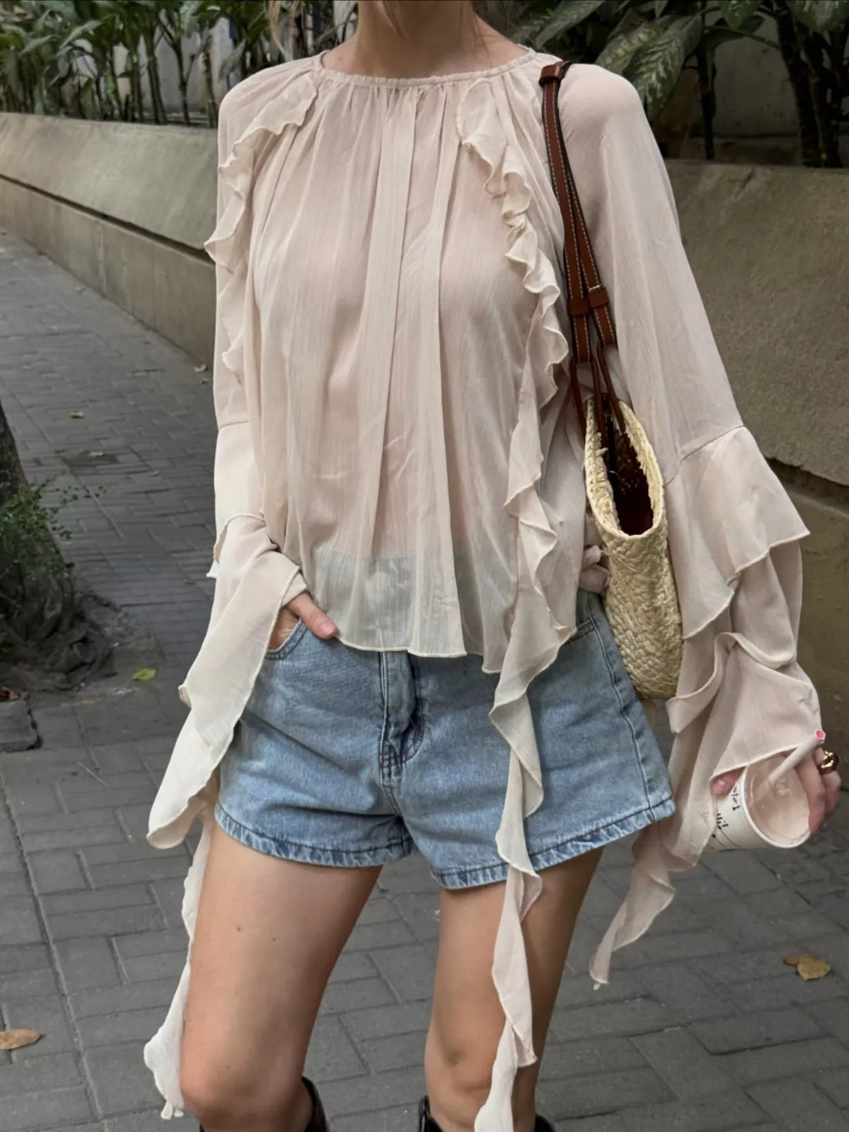 Ruffled Flare Sleeve Blouse in Eggshell, view 2