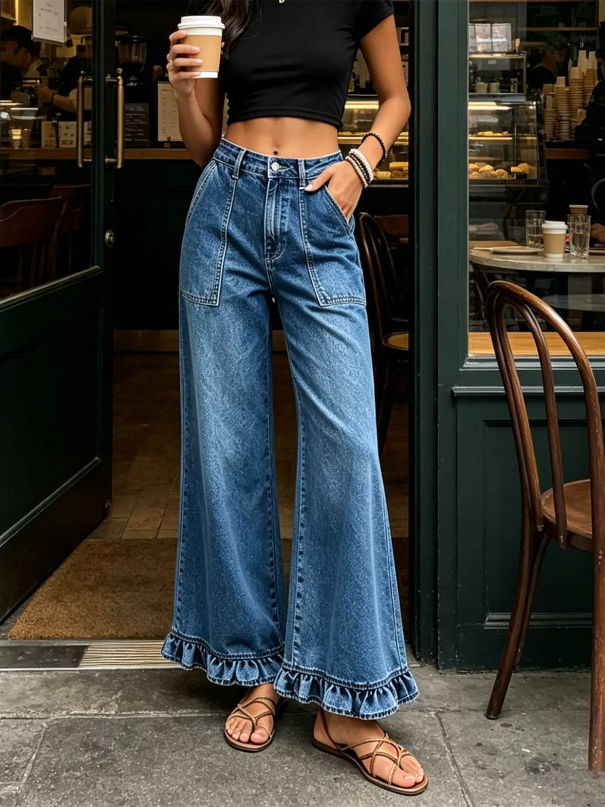 High-Waisted Wide-Leg Ruffle Hem Jeans - Lilixa.store