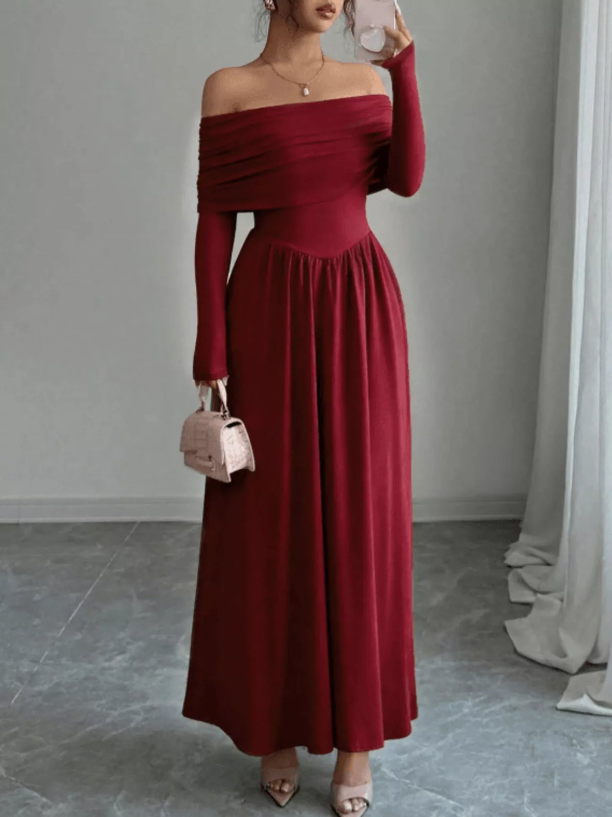Off-Shoulder Long Sleeve Maxi Dress - Lilixa.store