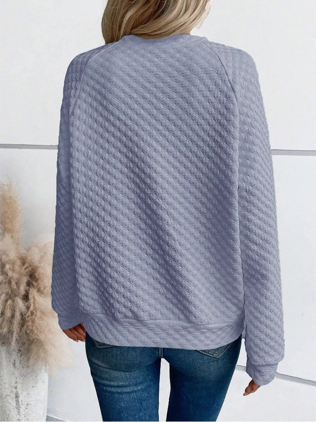 Quilted Texture Long Sleeve Sweatshirt with Notched Neck - Lilixa.store