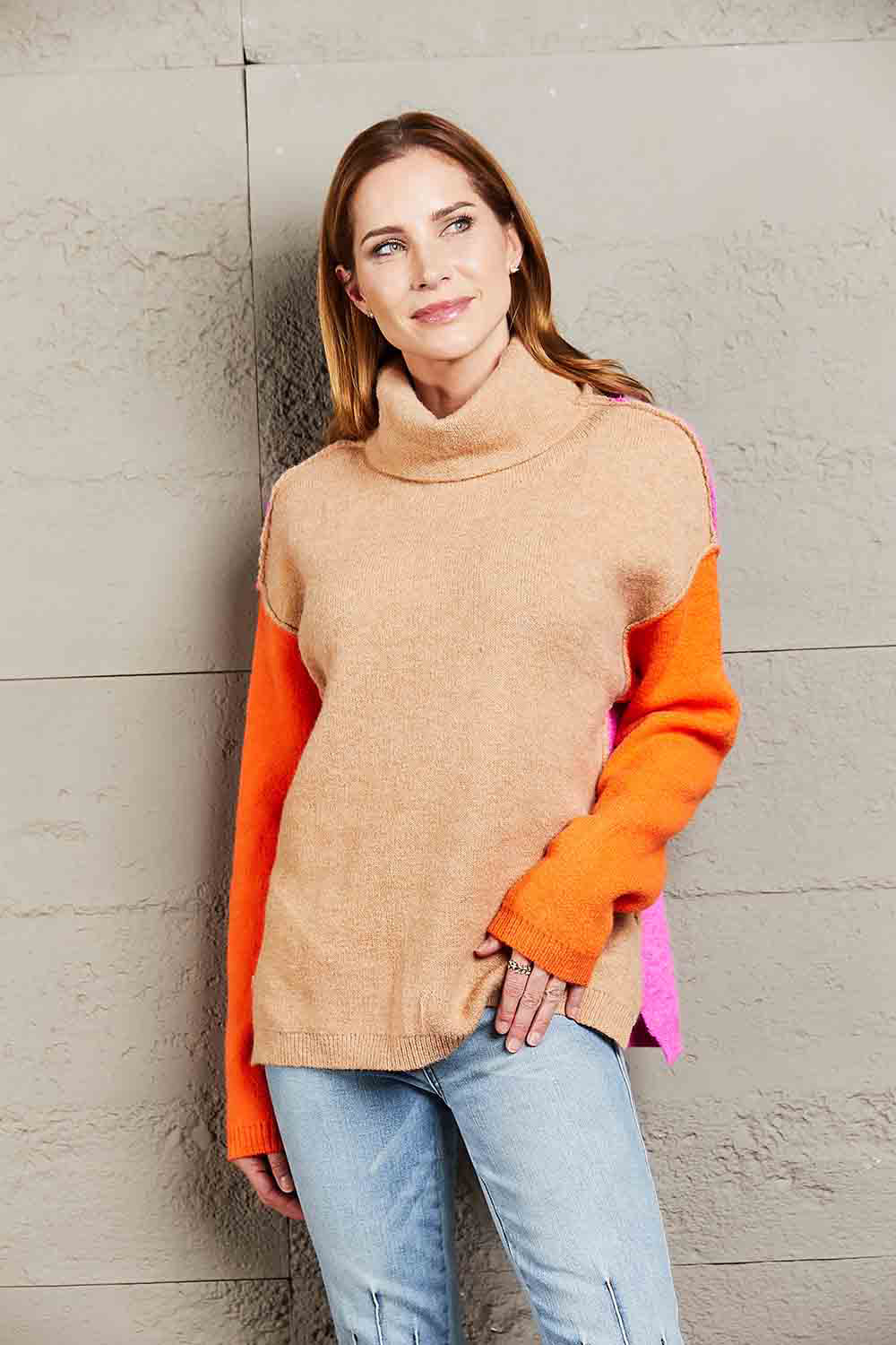 Angel Wings Color Block Turtleneck Slit Sweater in Khaki