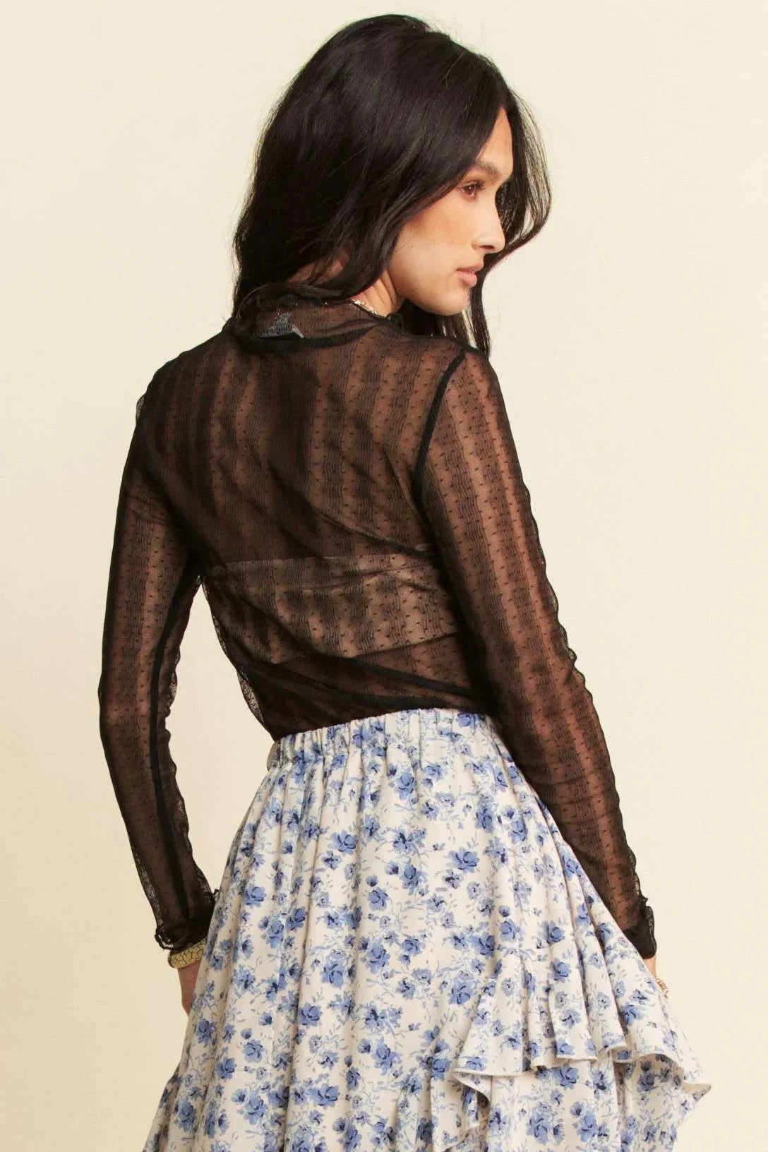 Davi & Dani Turtle Neck Lace Dotted Stretch Mesh Sheer Top - Lilixa.store
