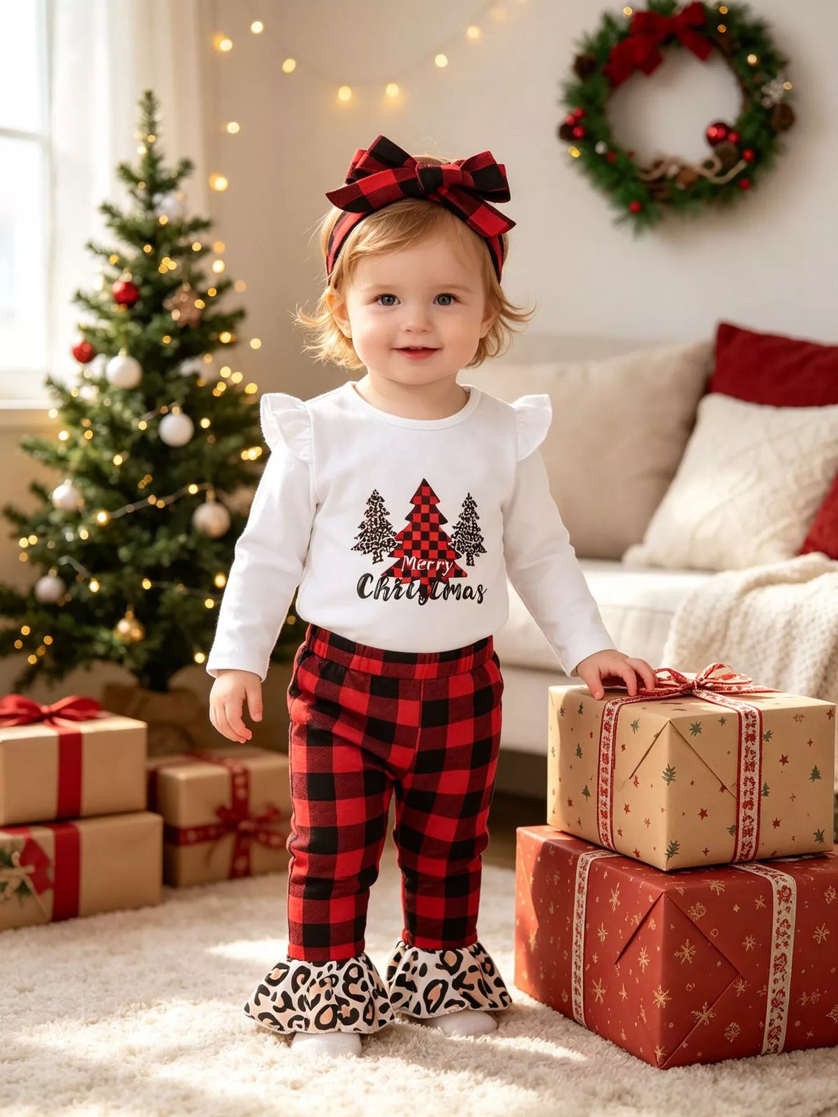 Children's Christmas Tree Graphic Top and Plaid Ruffle Pants Set with Headband in Red