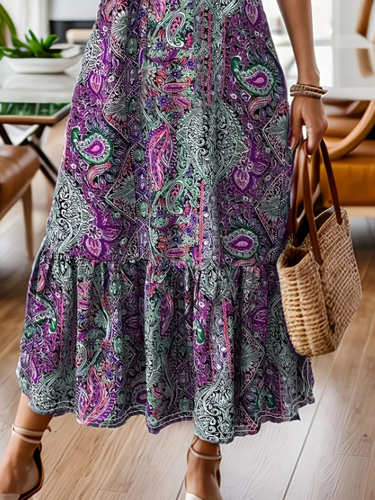 Full Size Bohemian Paisley Print Ruffle Hem Midi Dress Plus Size - Lilixa.store