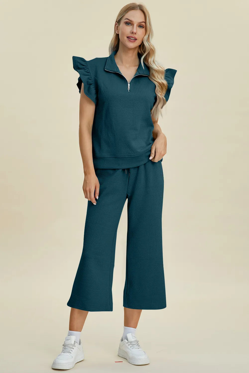 Double Take Full Size Texture Ruffle Short Sleeve Top and Wide Leg Pants Set, view 10