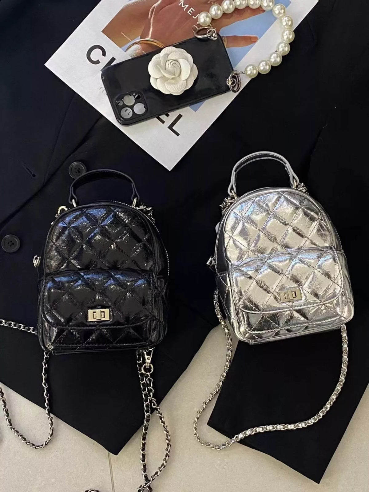 Quilted Metallic and Patent Mini Backpack Bag with Chain Strap, view 2