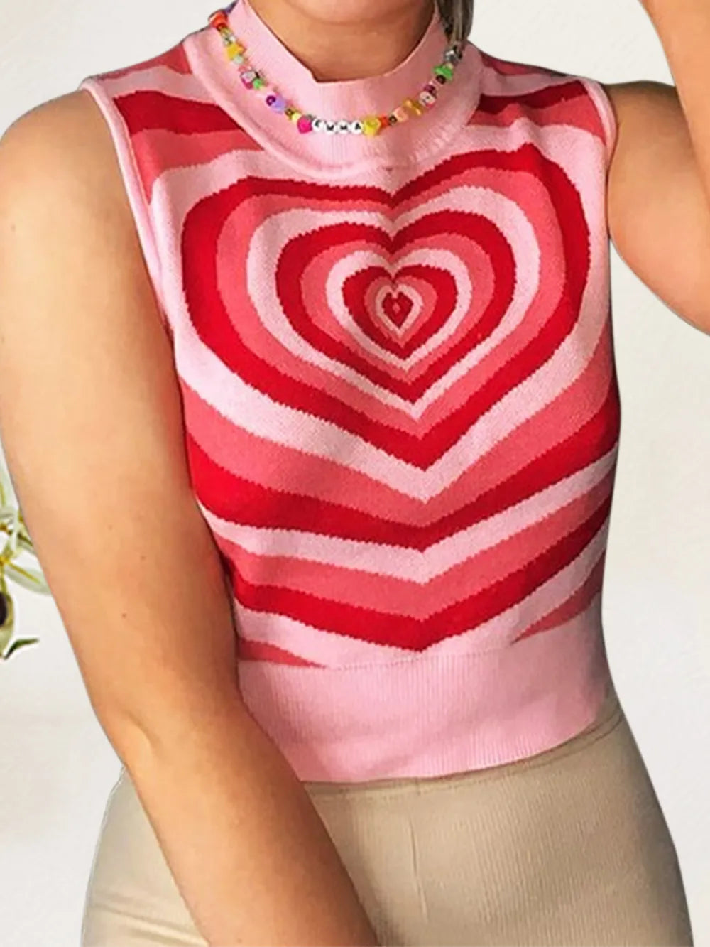 Heart Mock Neck Sweater Vest in Pink
