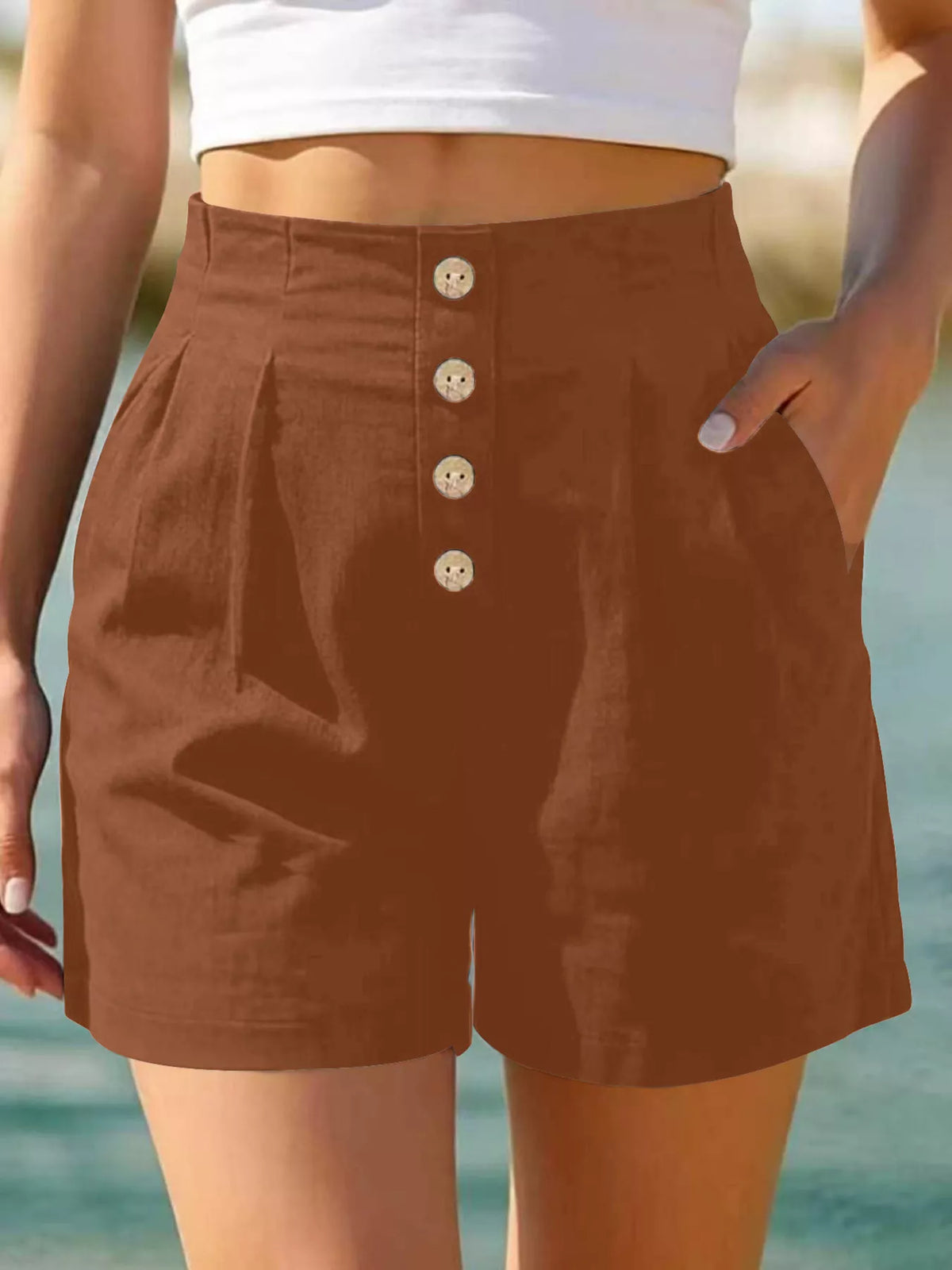 Button Fly High Waist Shorts in Brown