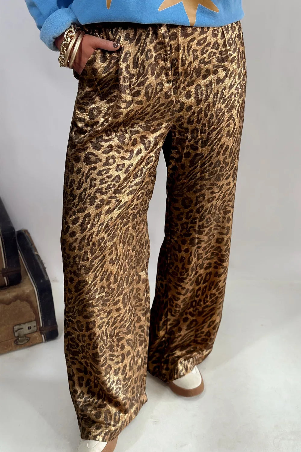 Multicolour Leopard Print Western Style Wide Leg Full Length Pants - Lilixa.store
