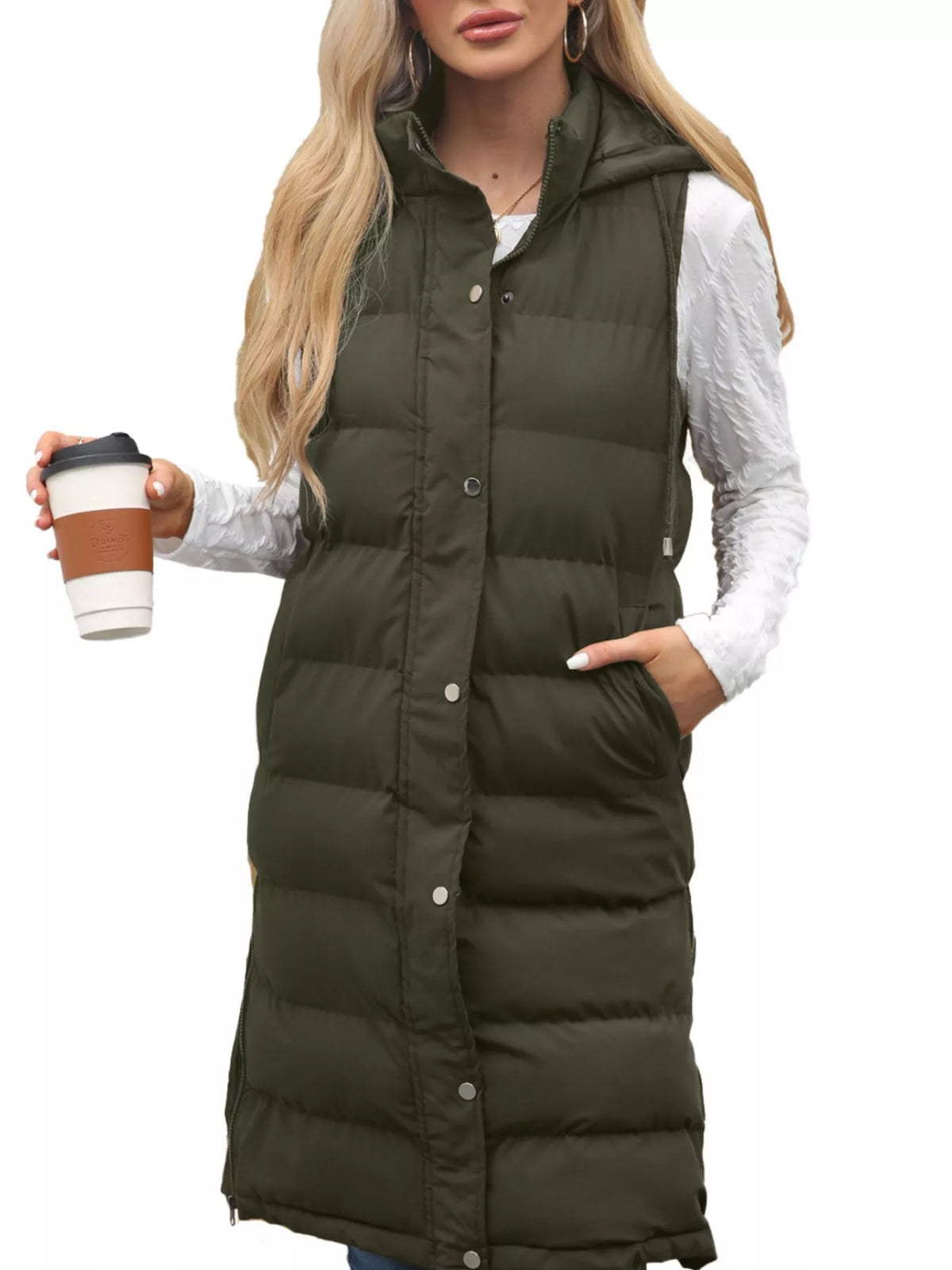 Full Size Snap Down Hooded Padded Longline Vest Coat Plus Size - Lilixa.store